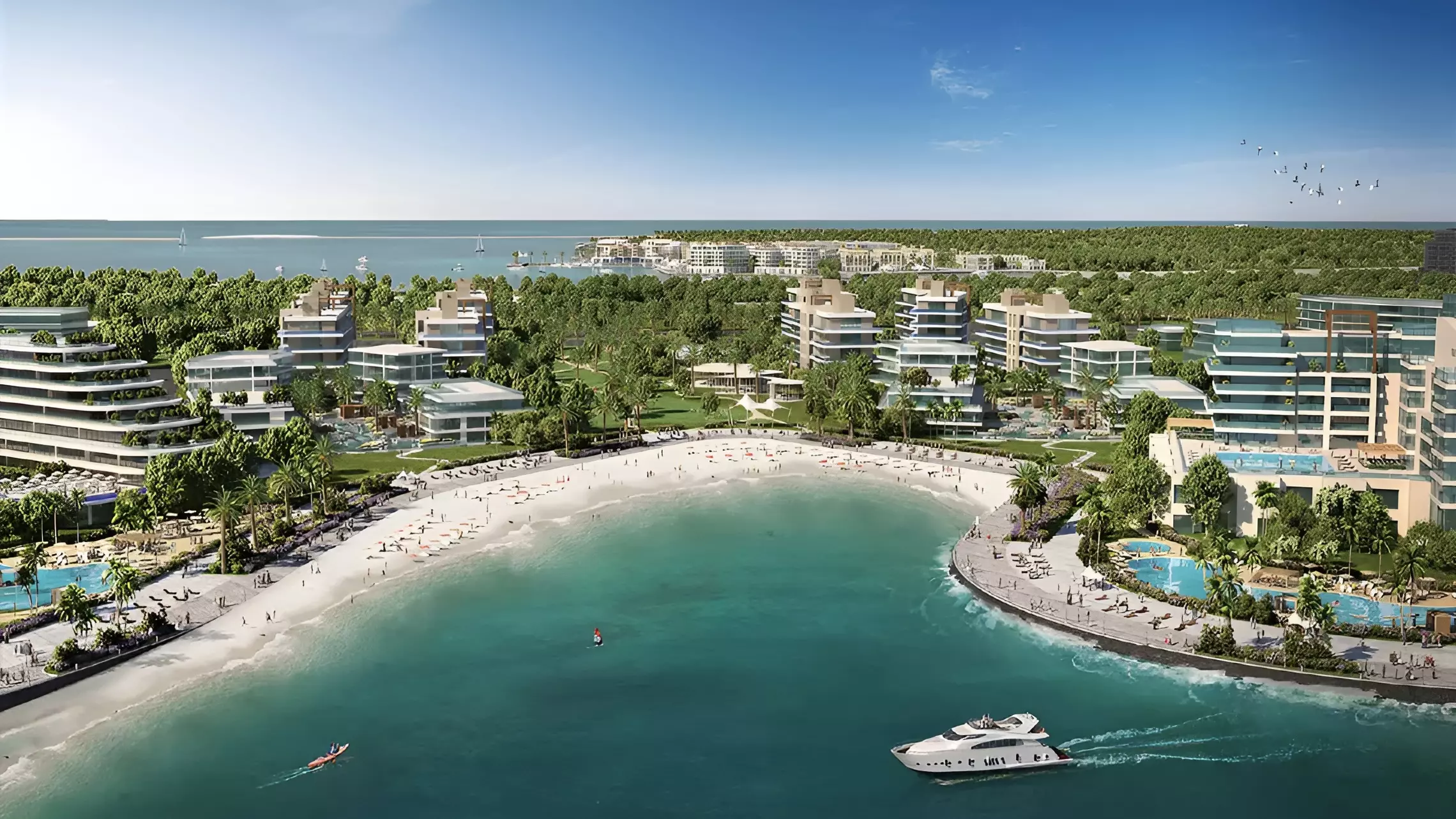 Dubai Islands beach-cove master CGI used on the Property Finder card — many buildings, not a solo Wasel photo