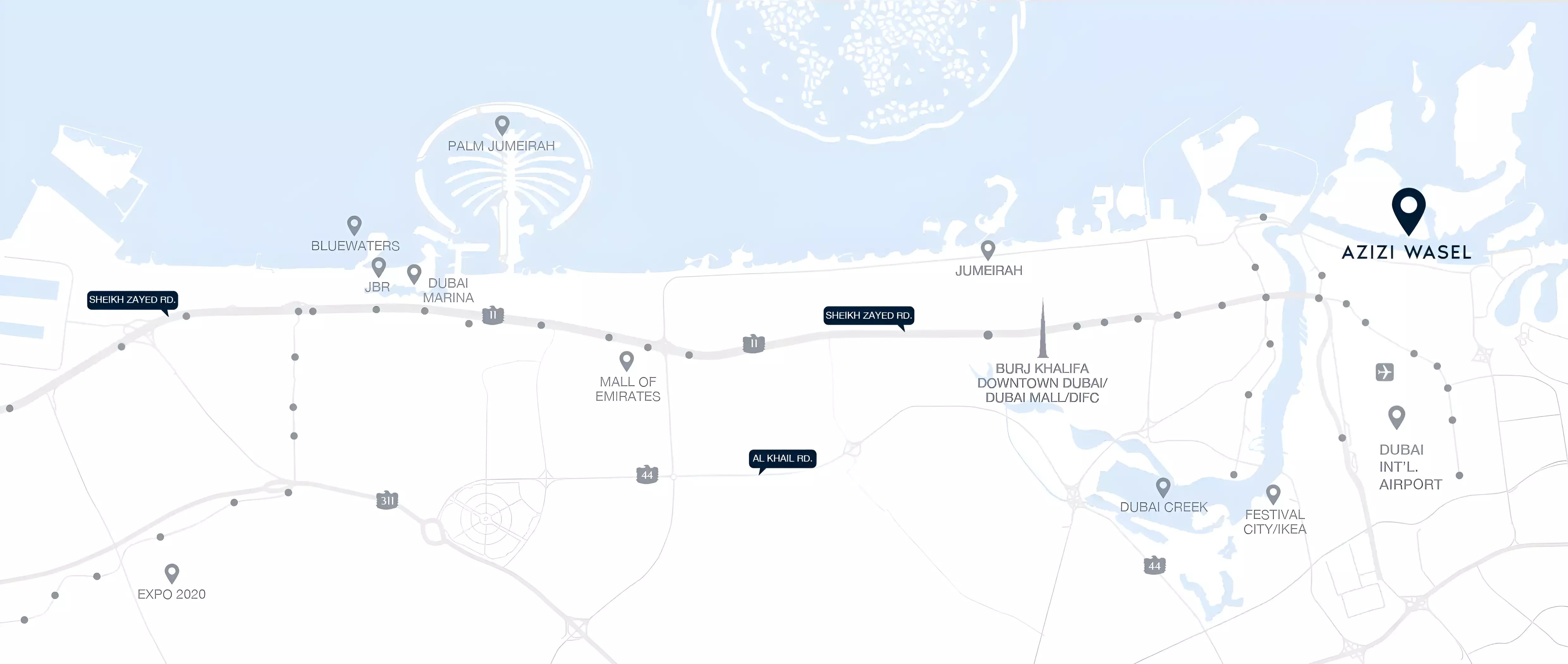 Azizi Wasel marketing location map pinning the product on Dubai Islands near Dubai International Airport