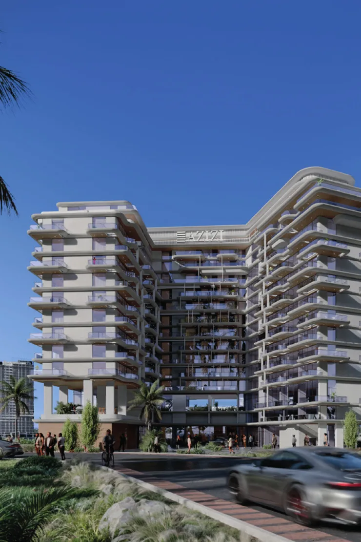 Azizi Wasel — daytime street CGI of the two-wing mid-rise with AZIZI letters on the linking crown