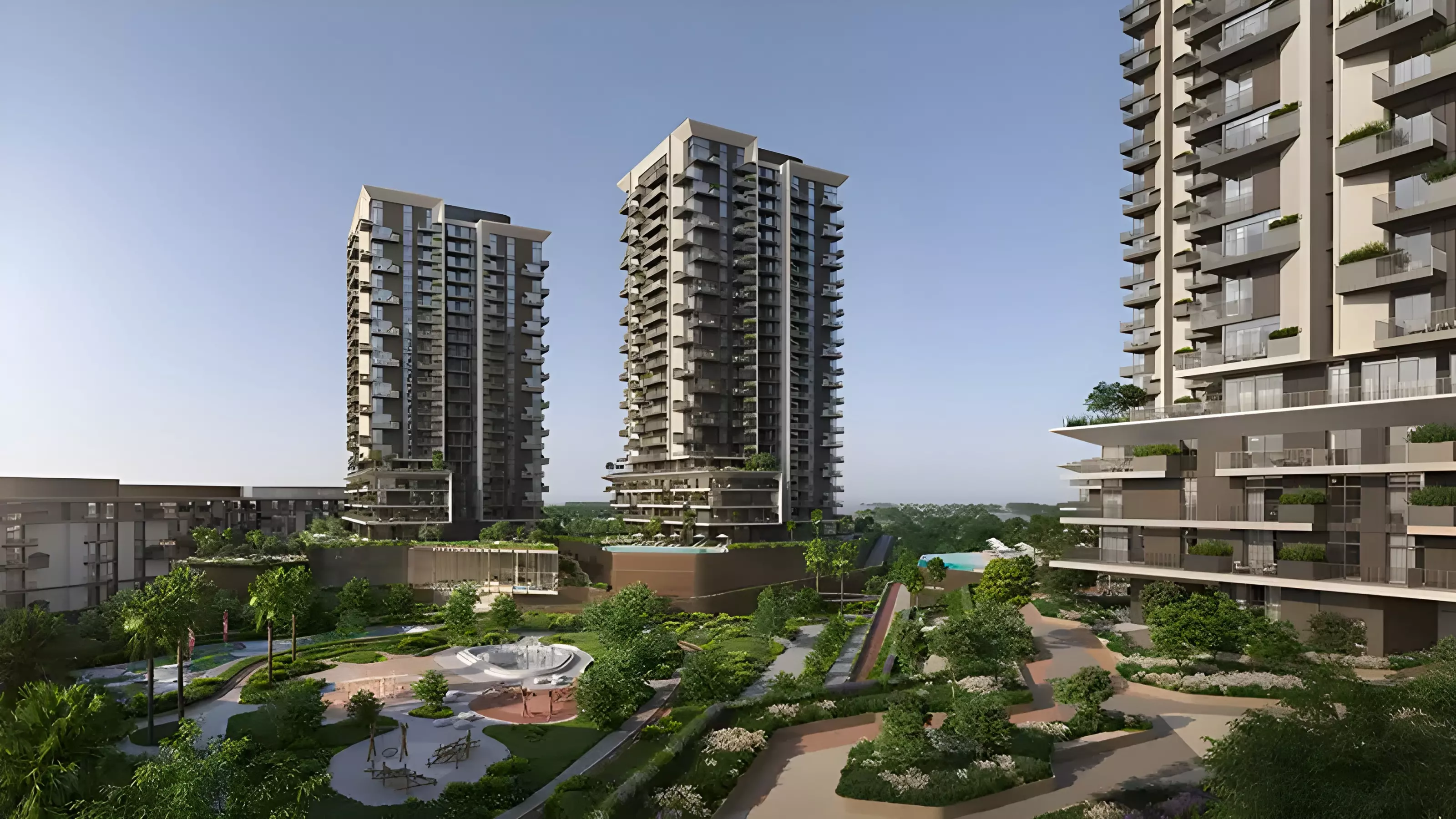 Rise by Athlon — closer marketing still of three apartment towers over the landscaped podium