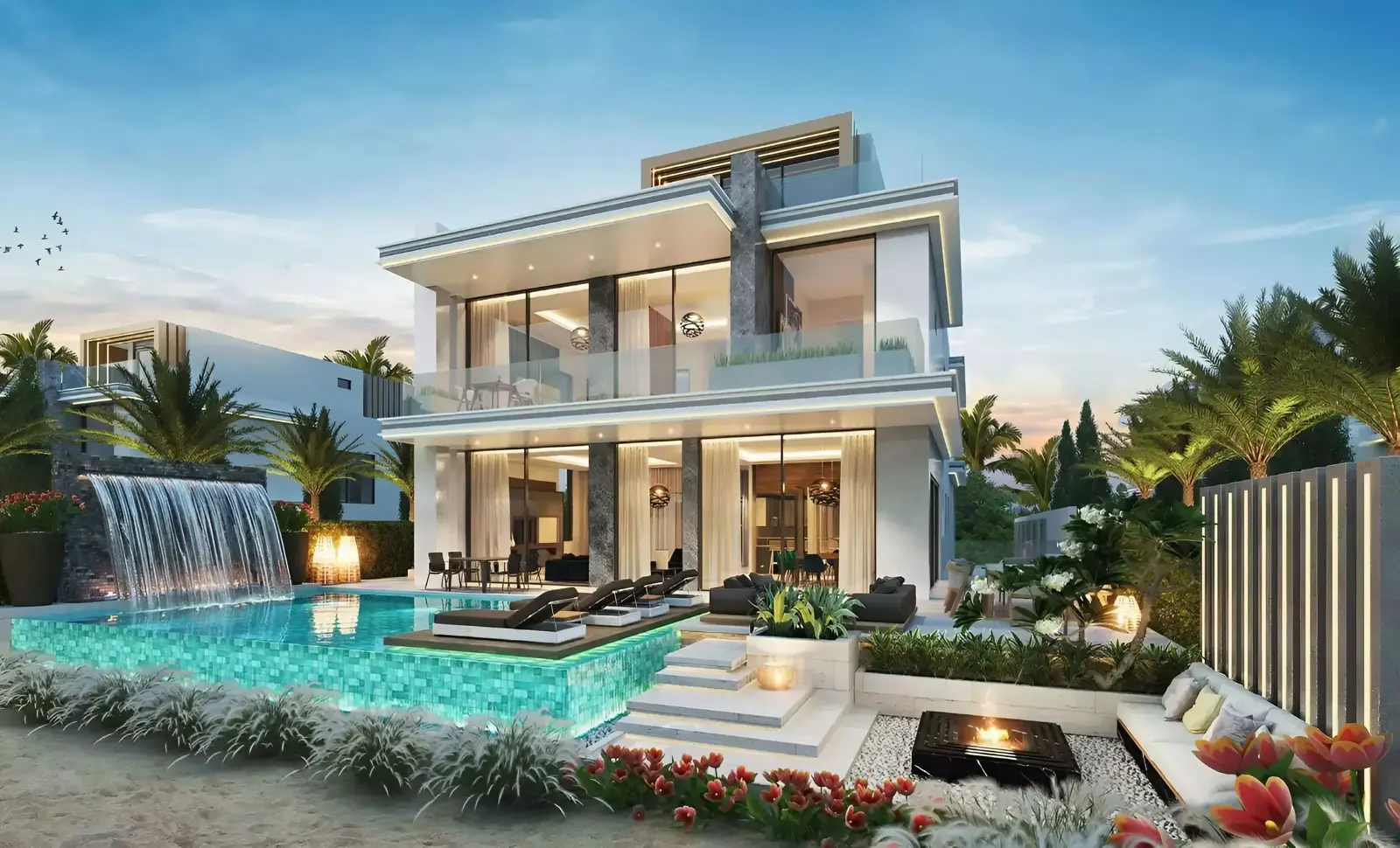 DAMAC Islands 2 parent — marketing exterior of multi-storey villa with pool courtyard (master context)