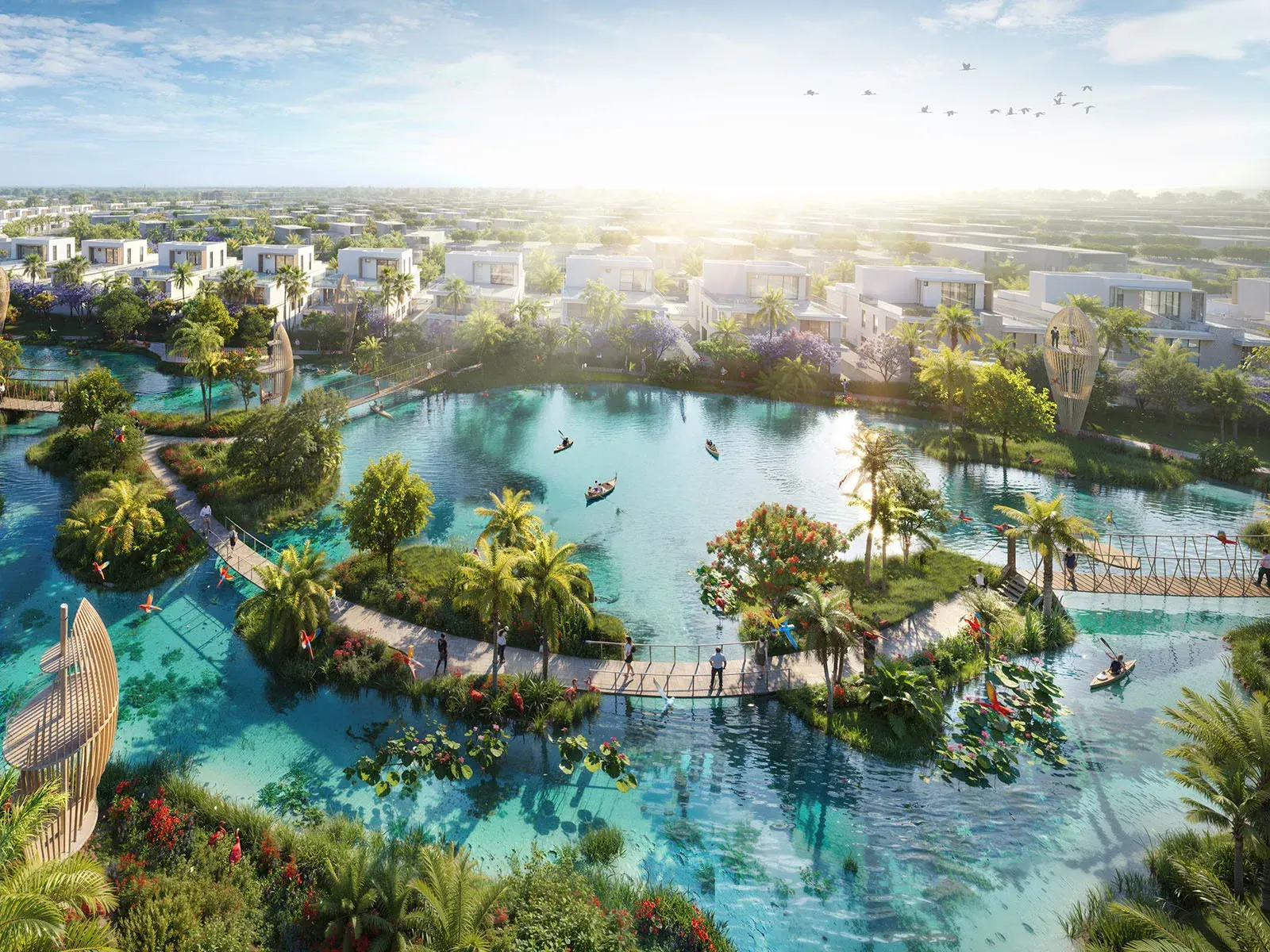 DAMAC Islands 2 parent — official marketing still of white villa clusters around a landscaped lagoon
