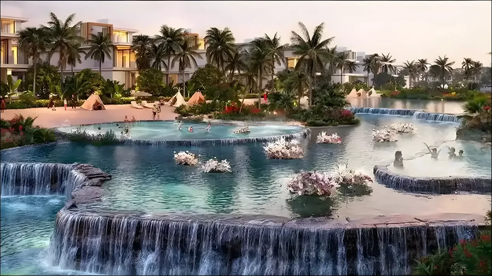 Bali Phase 2 — Property Finder still of terraced lagoon waterfalls with low-rise homes behind