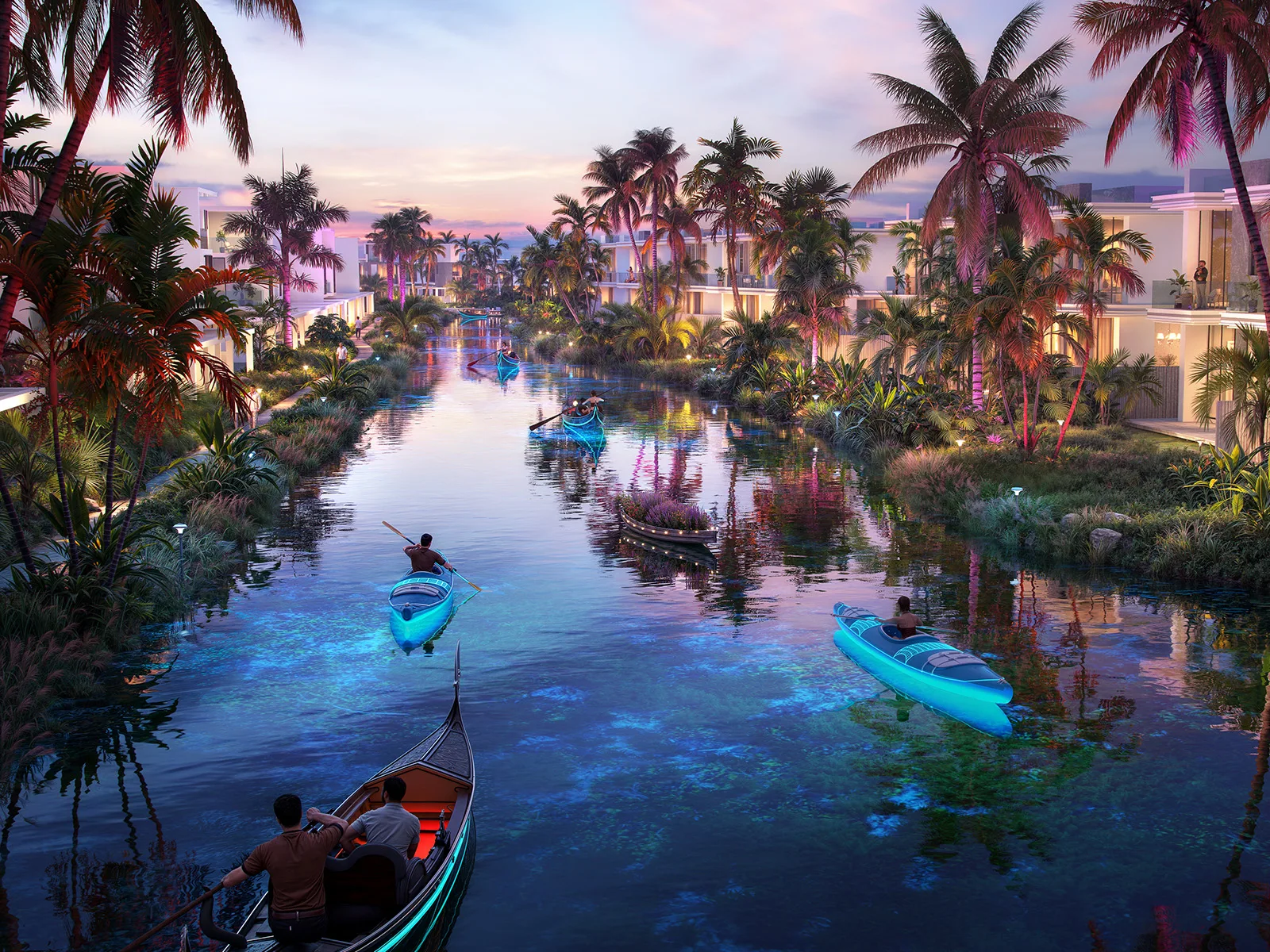 DAMAC Islands parent — official evening still of kayaks on a canal between low-rise homes