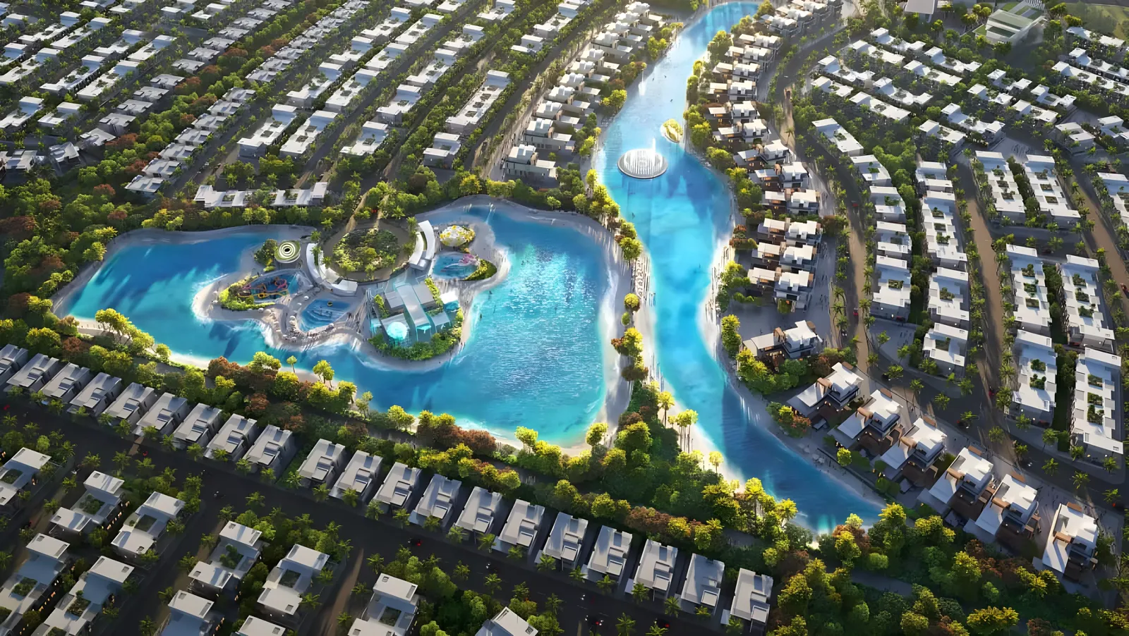 Bali Phase 4 — Property Finder aerial of white townhouse rows around the DAMAC Islands lagoon and aqua hub
