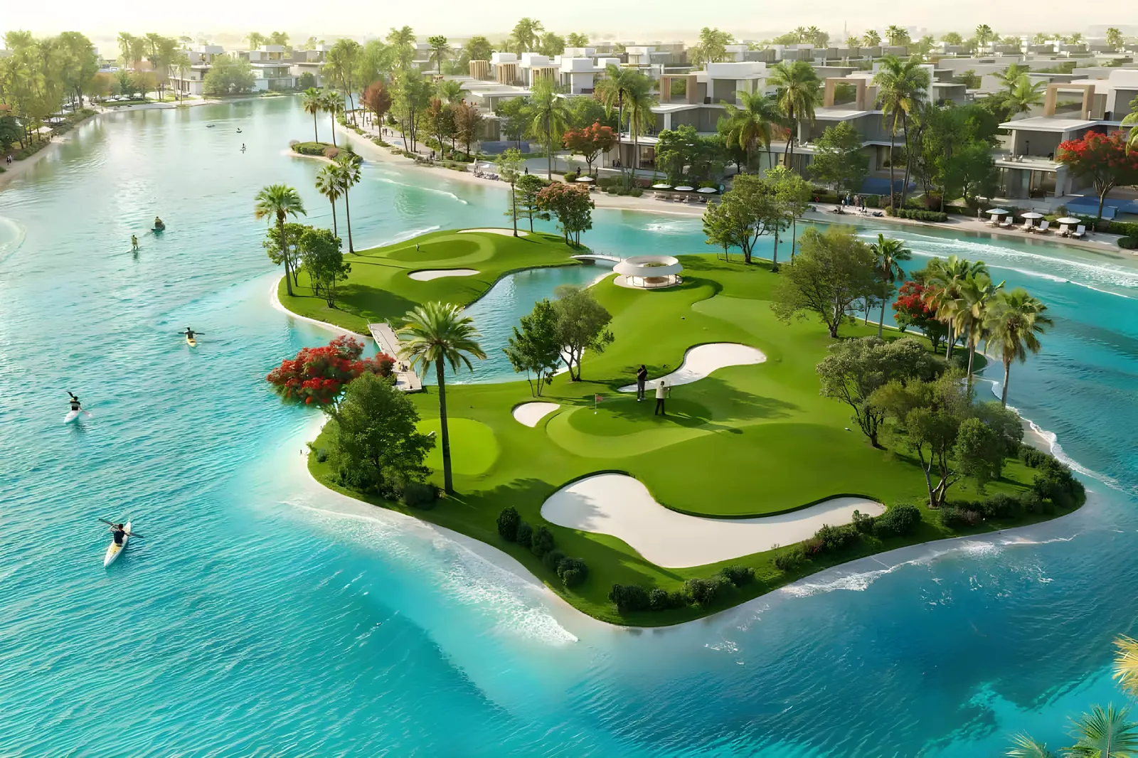 Bali Phase 4 — Property Finder marketing still of a lagoon golf island with waterfront townhouses