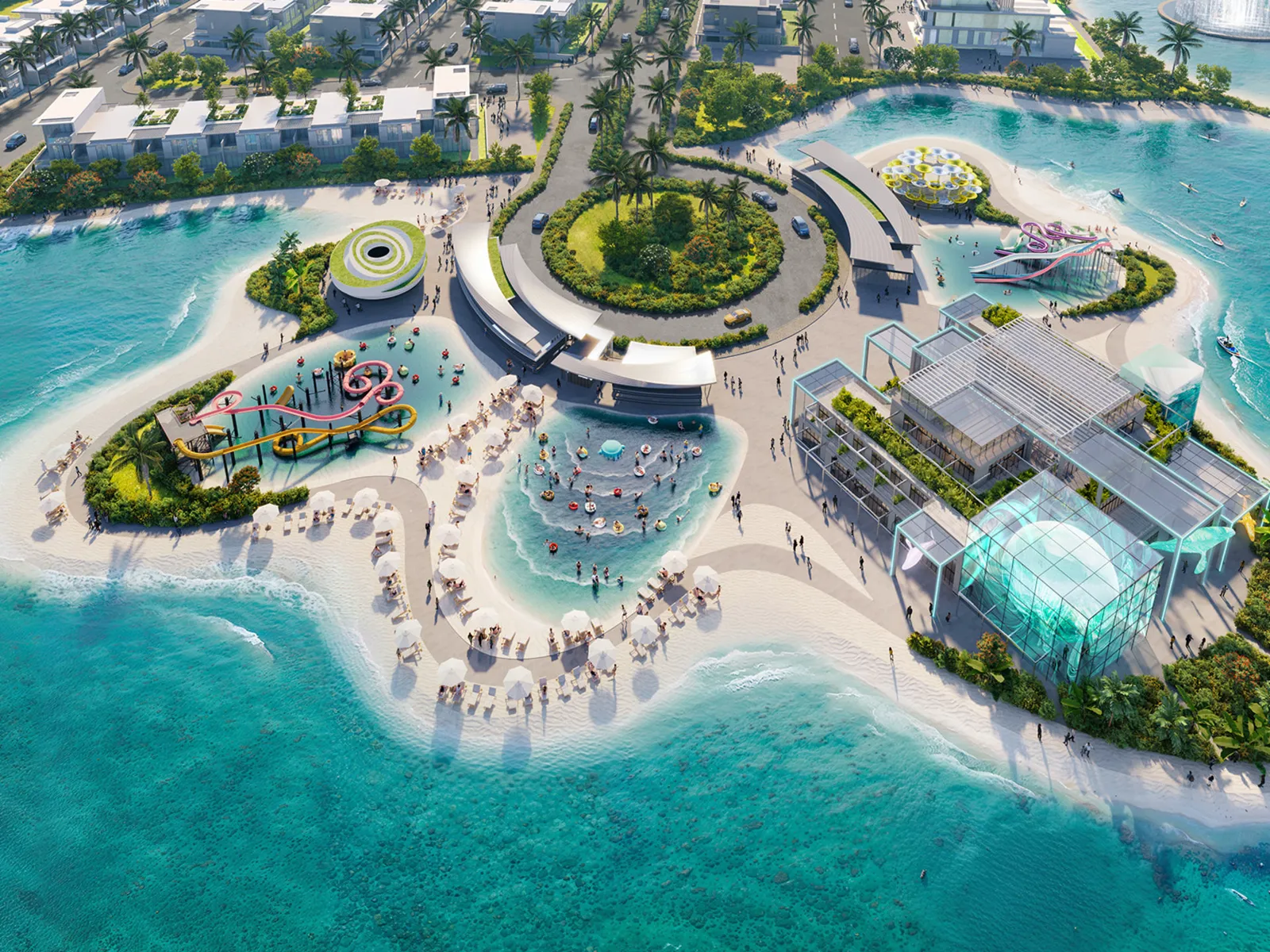 DAMAC Islands parent — official marketing aerial of the beach hub, slides and glass pavilion