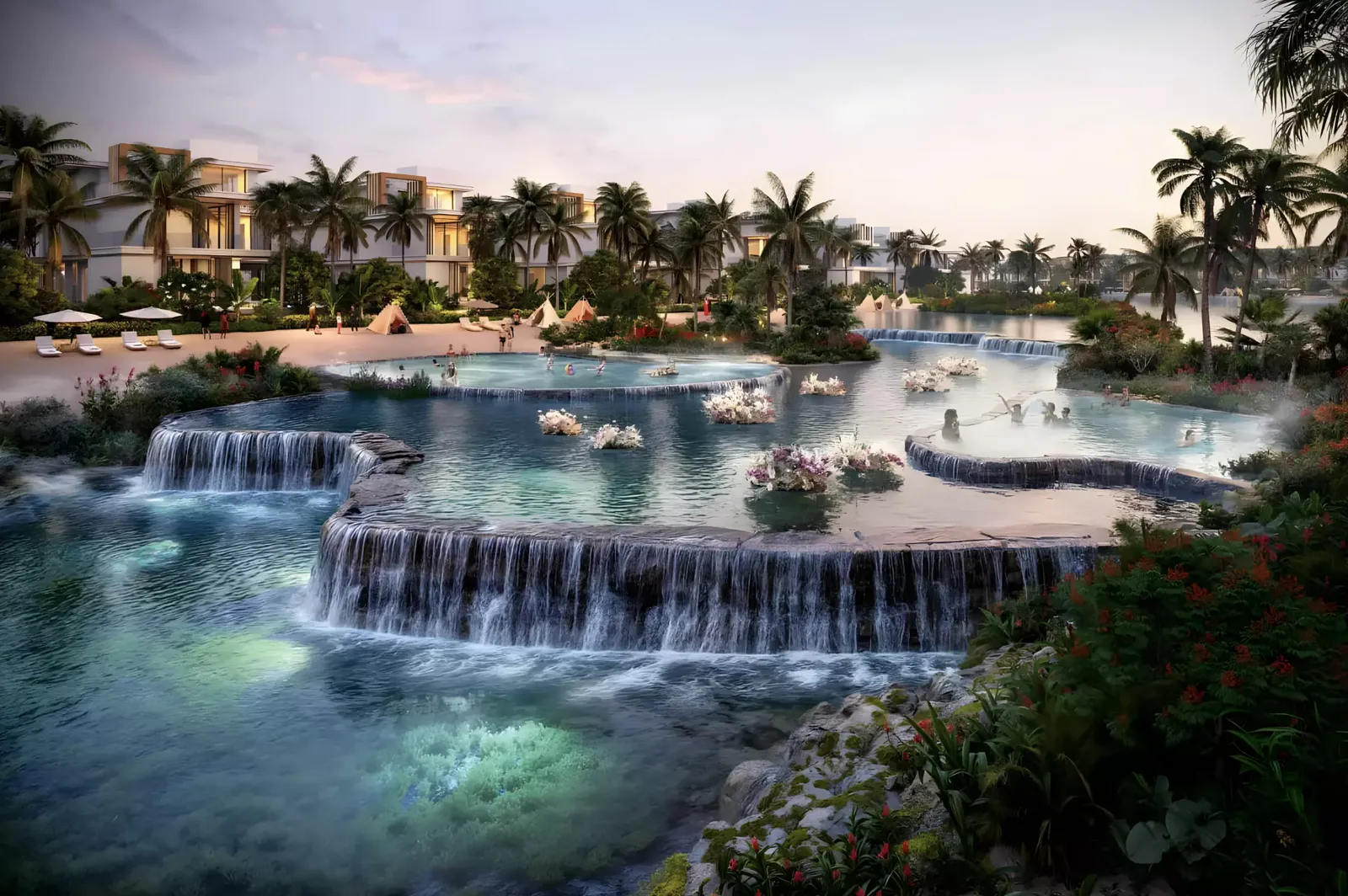 Bali Phase 4 — Property Finder evening still of terraced lagoon waterfalls with low-rise homes behind