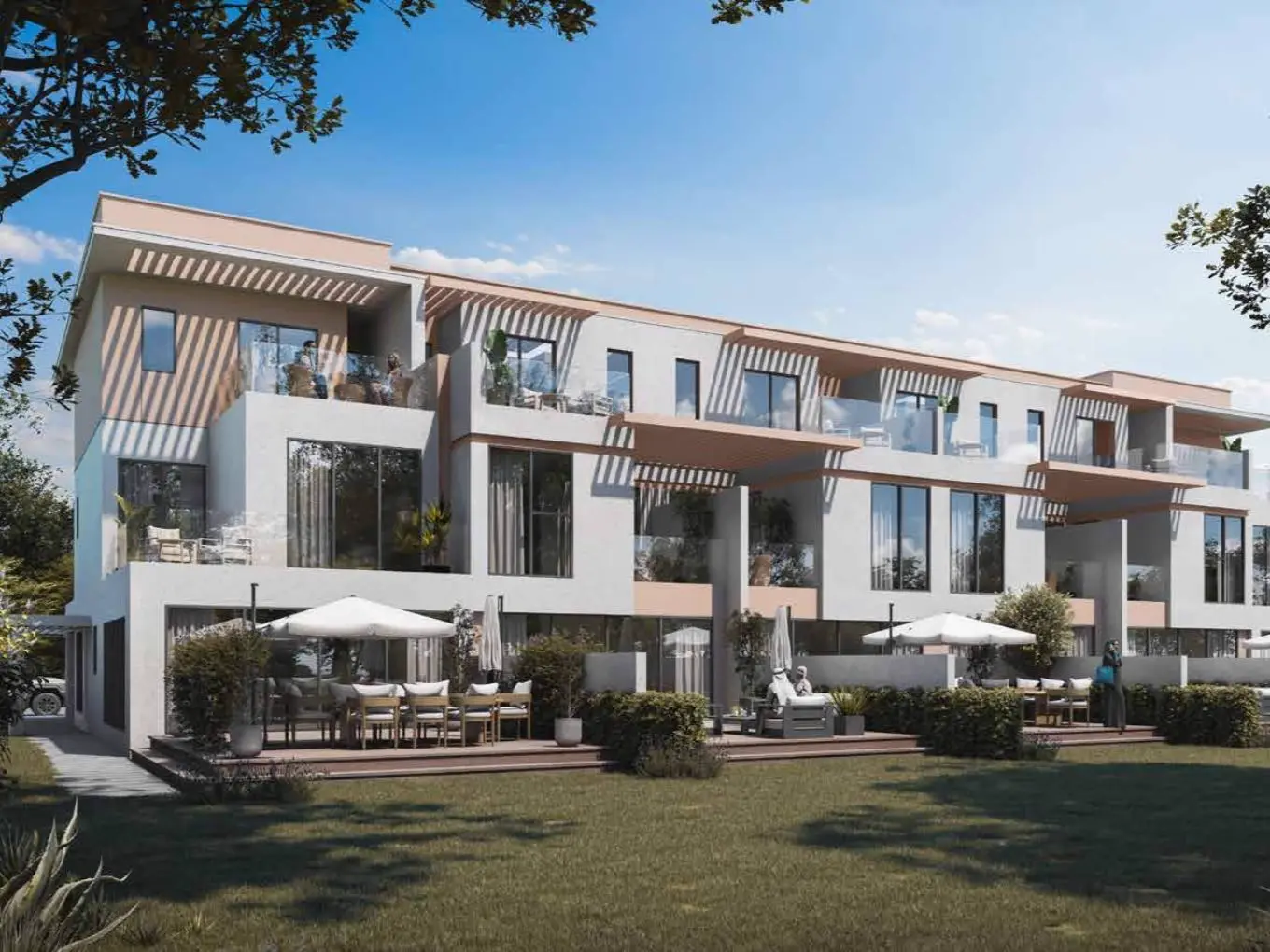Barbados at DAMAC Islands 2 — marketing still of multi-storey townhouse terrace with terraces and gardens