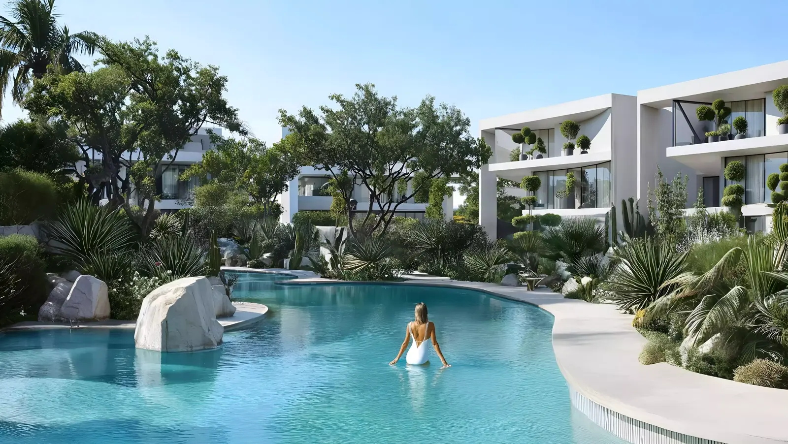 Bay at Lunaya Terraces — wide exterior marketing still with planted terraces