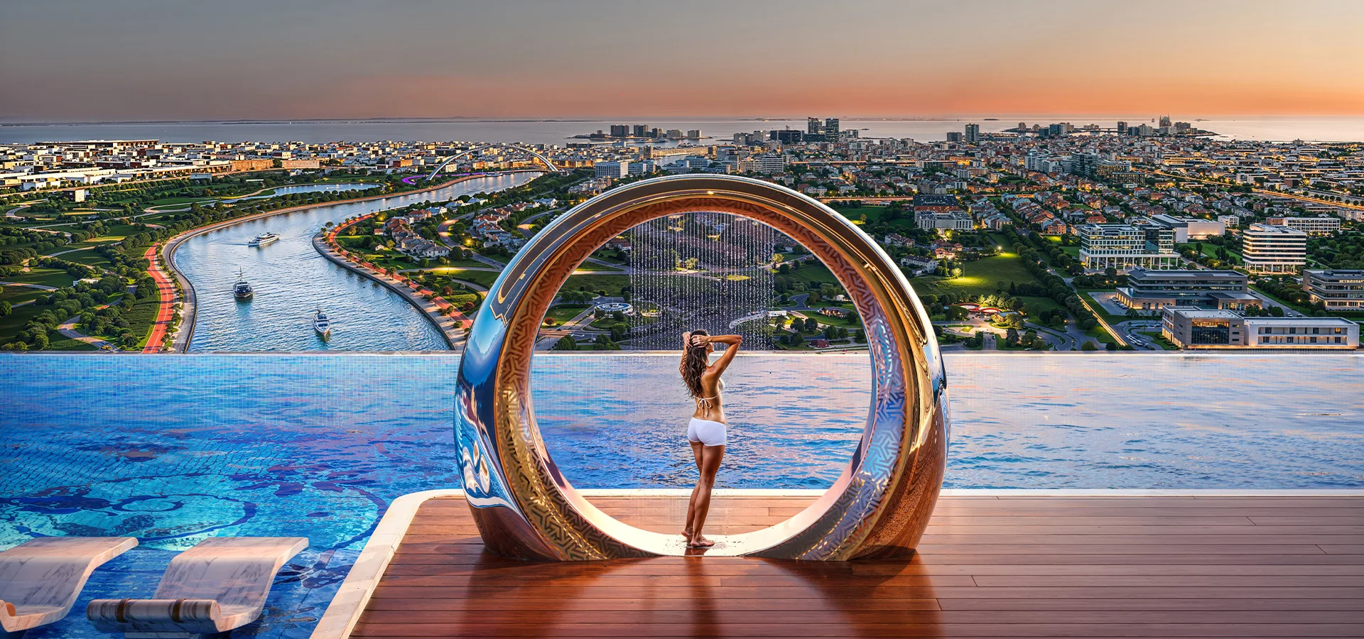 Bayz 102 — official rain-shower amenity CGI on a pool deck looking over the canal