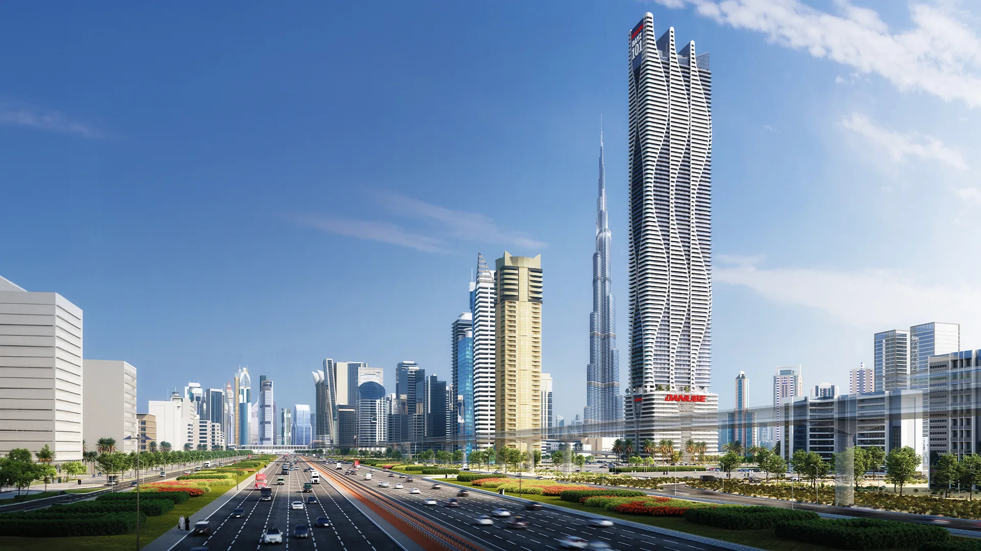 Bayz 102 — official Sheikh Zayed Road approach CGI of the same wavy tower and DANUBE podium