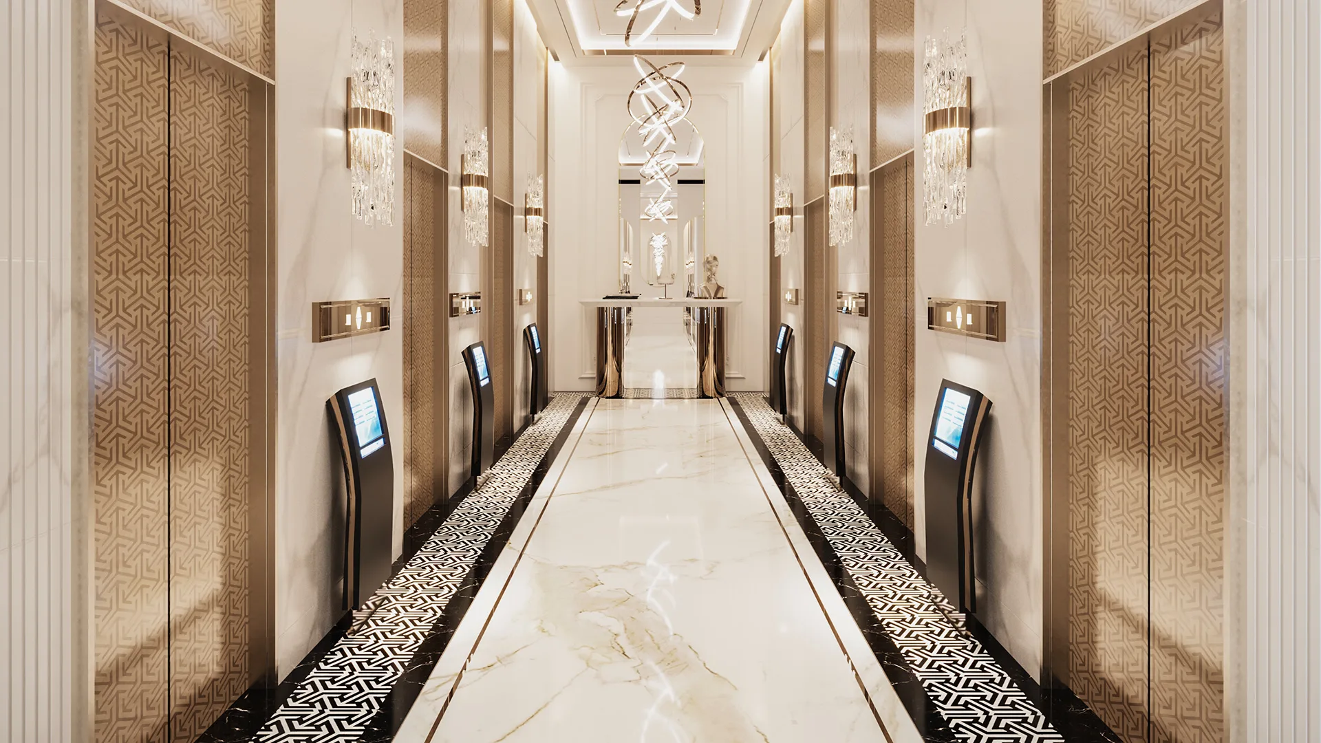 Bayz 102 — official lift-lobby CGI with patterned gold lift doors and marble floor