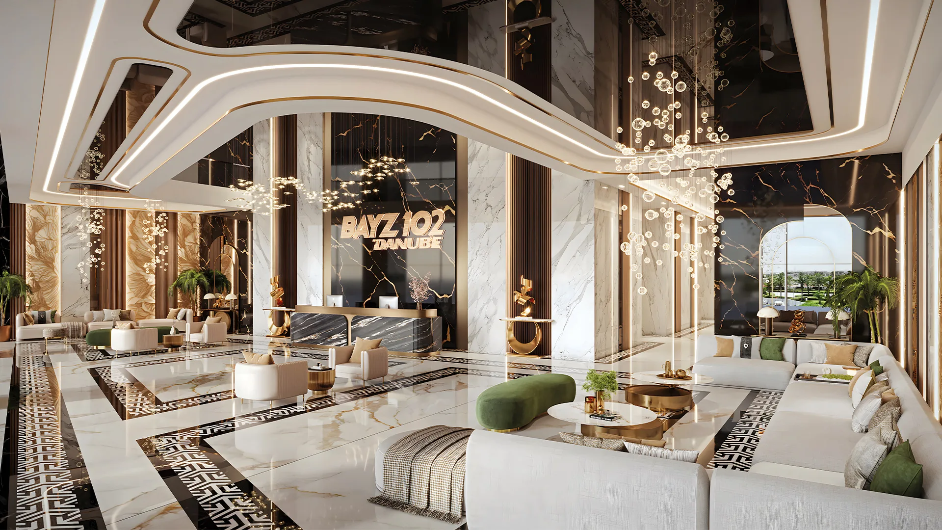 Bayz 102 — official lobby CGI with BAYZ 102 DANUBE on the marble reception wall