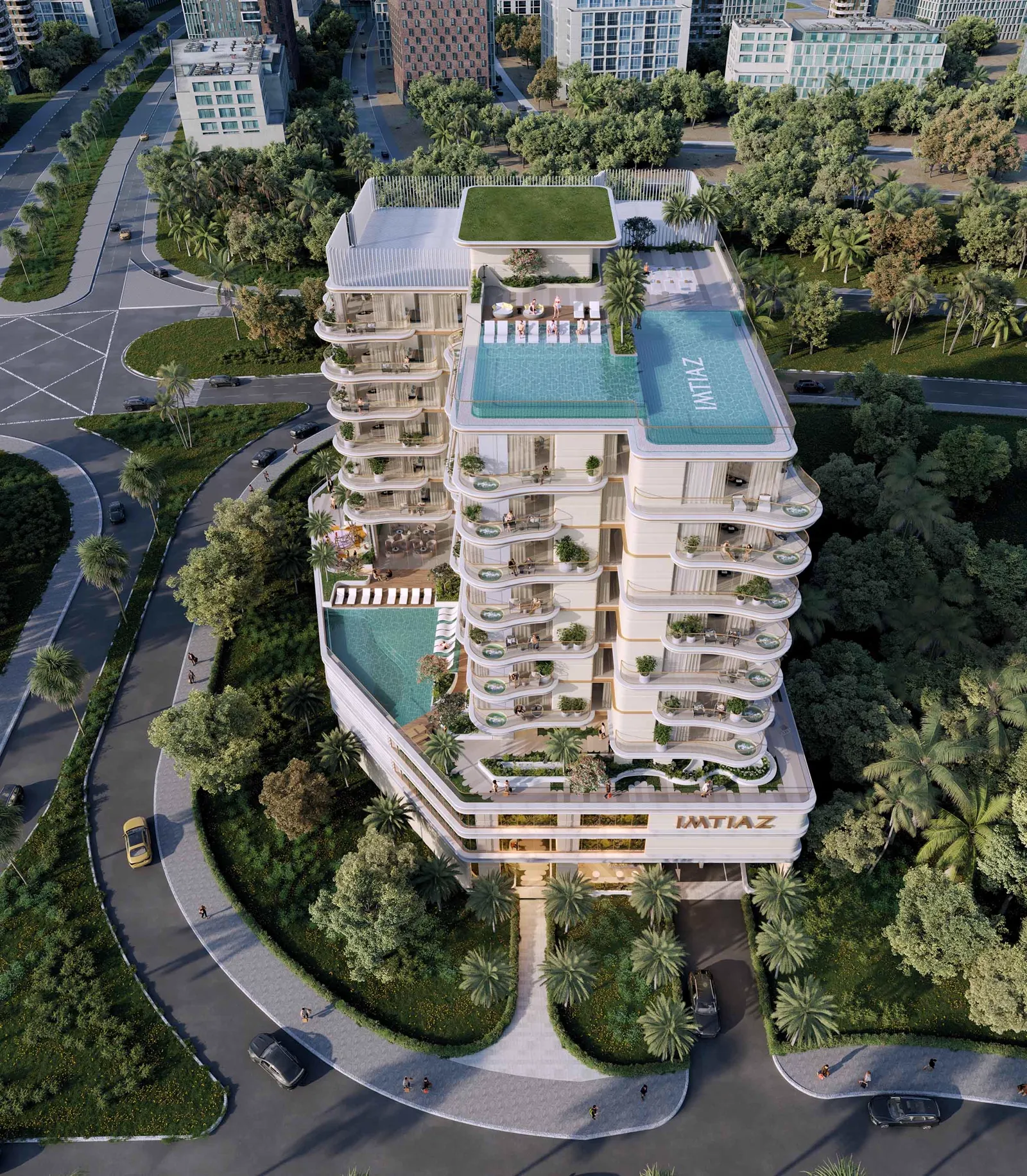 Beach Walk 4 by Imtiaz — official aerial exterior marketing still with rooftop pool