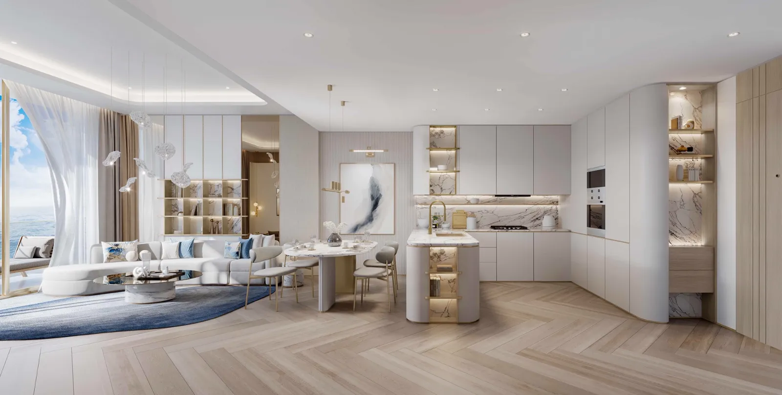 Beach Walk 4 by Imtiaz — official one-bedroom kitchen and living marketing still