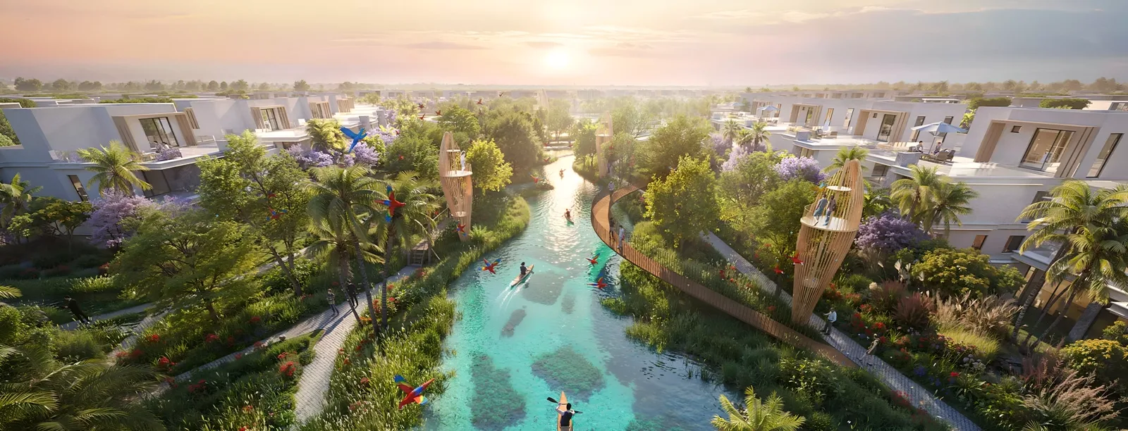 Bermuda at DAMAC Islands 2 — Property Finder marketing still of island-themed low-rise streetscape