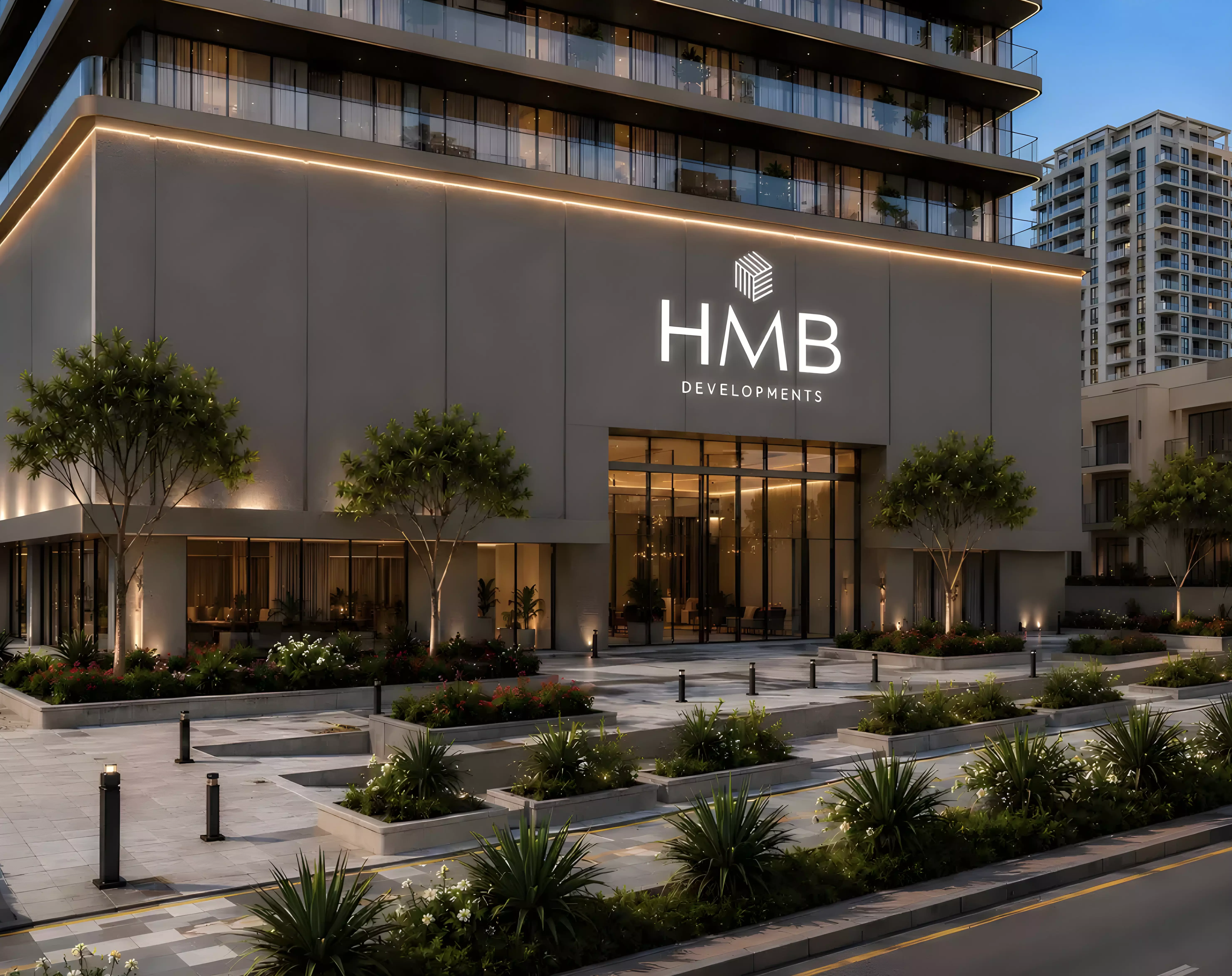 Beverly Crown by HMB Homes — podium entrance and landscaped approach with HMB Developments signage