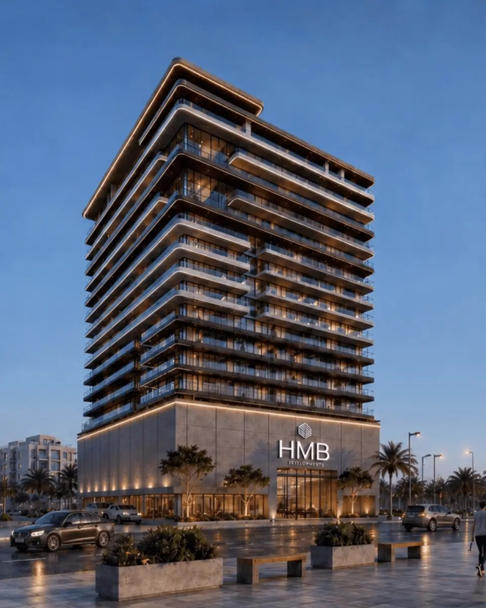 Beverly Crown by HMB Homes — official marketing exterior of the tower at dusk