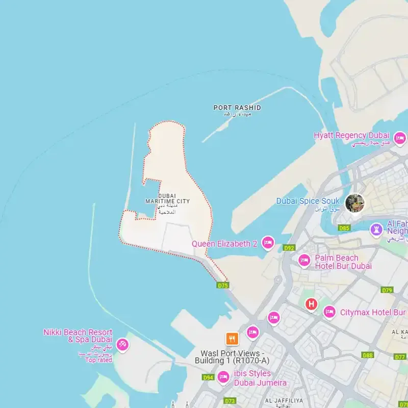 Broker map outlining Dubai Maritime City peninsula beside Port Rashid — district context, not a Bluz plot lock