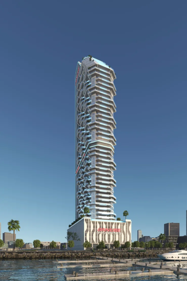 Bluz by Danube — Propsearch portrait artist impression of the same jagged-balcony tower and DANUBE PROPERTIES podium