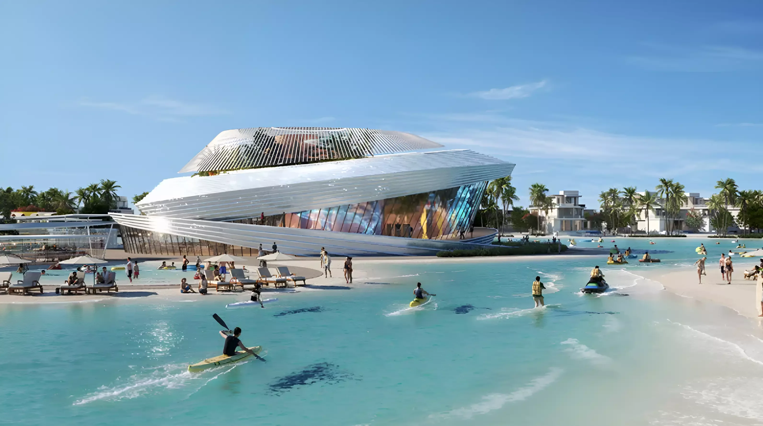 DAMAC Islands parent — Property Finder still of the beach pavilion and lagoon (master amenity, not a Bora Bora 3 plot)