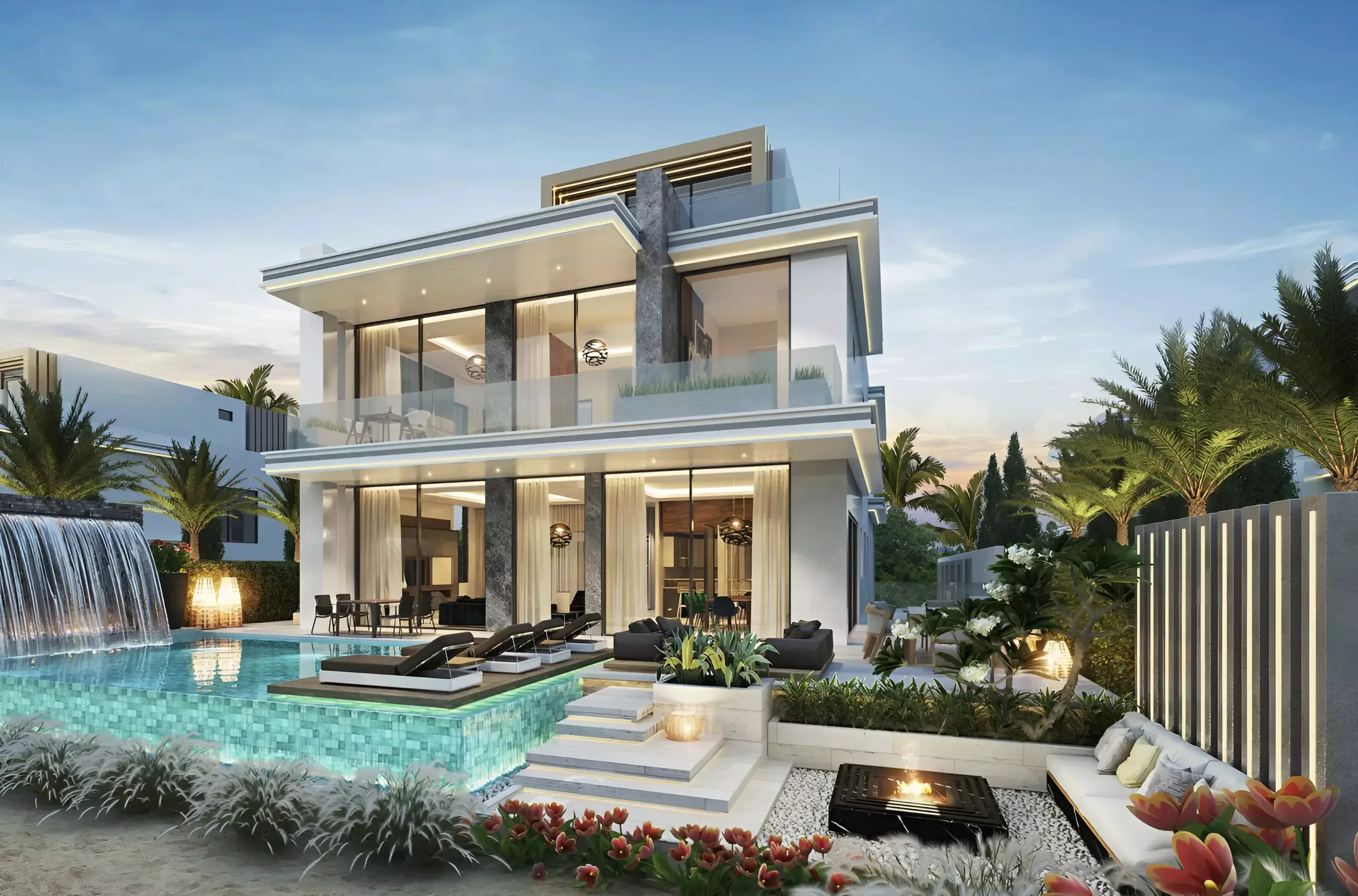 Bora Bora 3 at DAMAC Islands — Property Finder villa garden still with private pool and waterfall