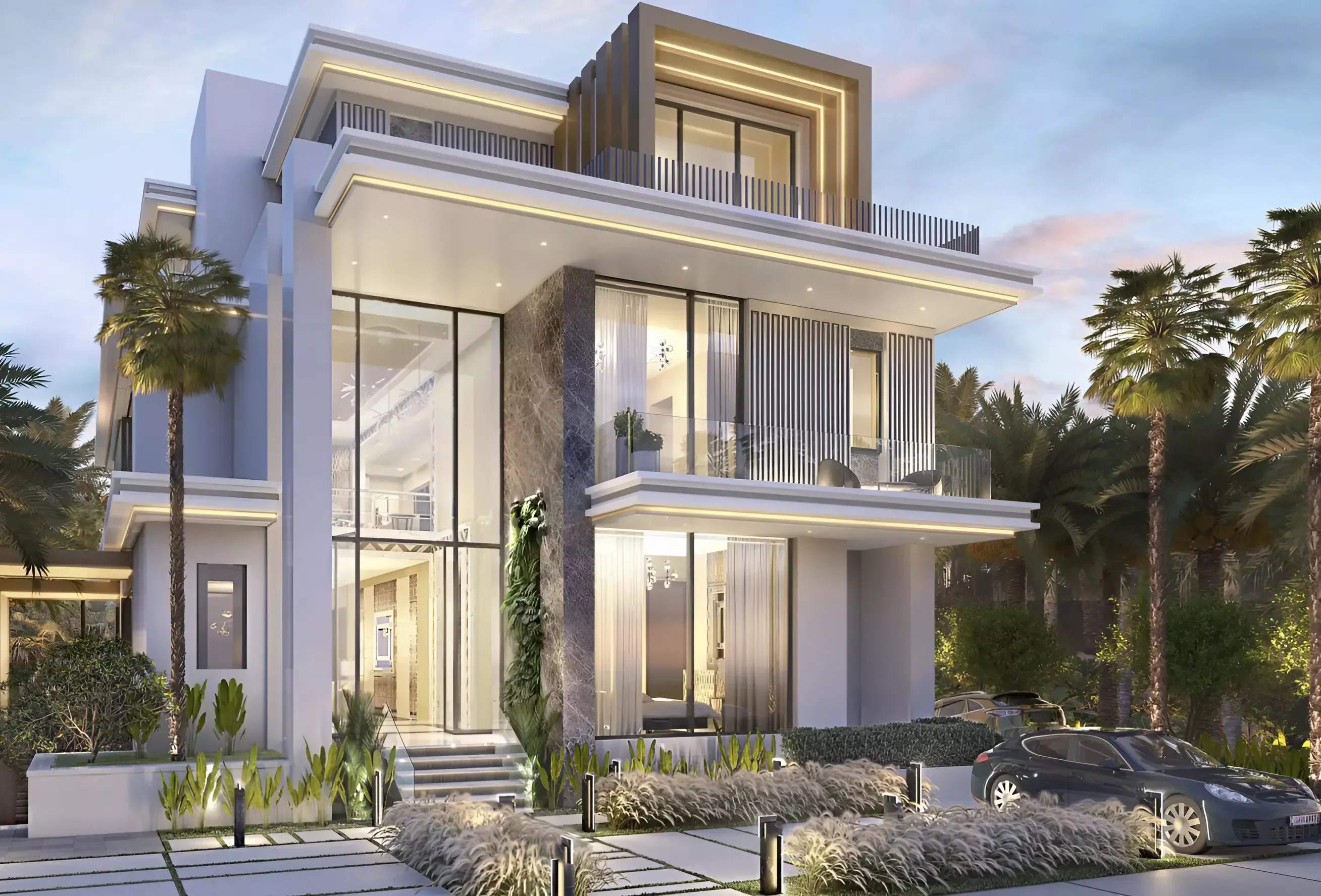 Bora Bora 3 at DAMAC Islands — Property Finder villa street still with stone cladding and palm driveway