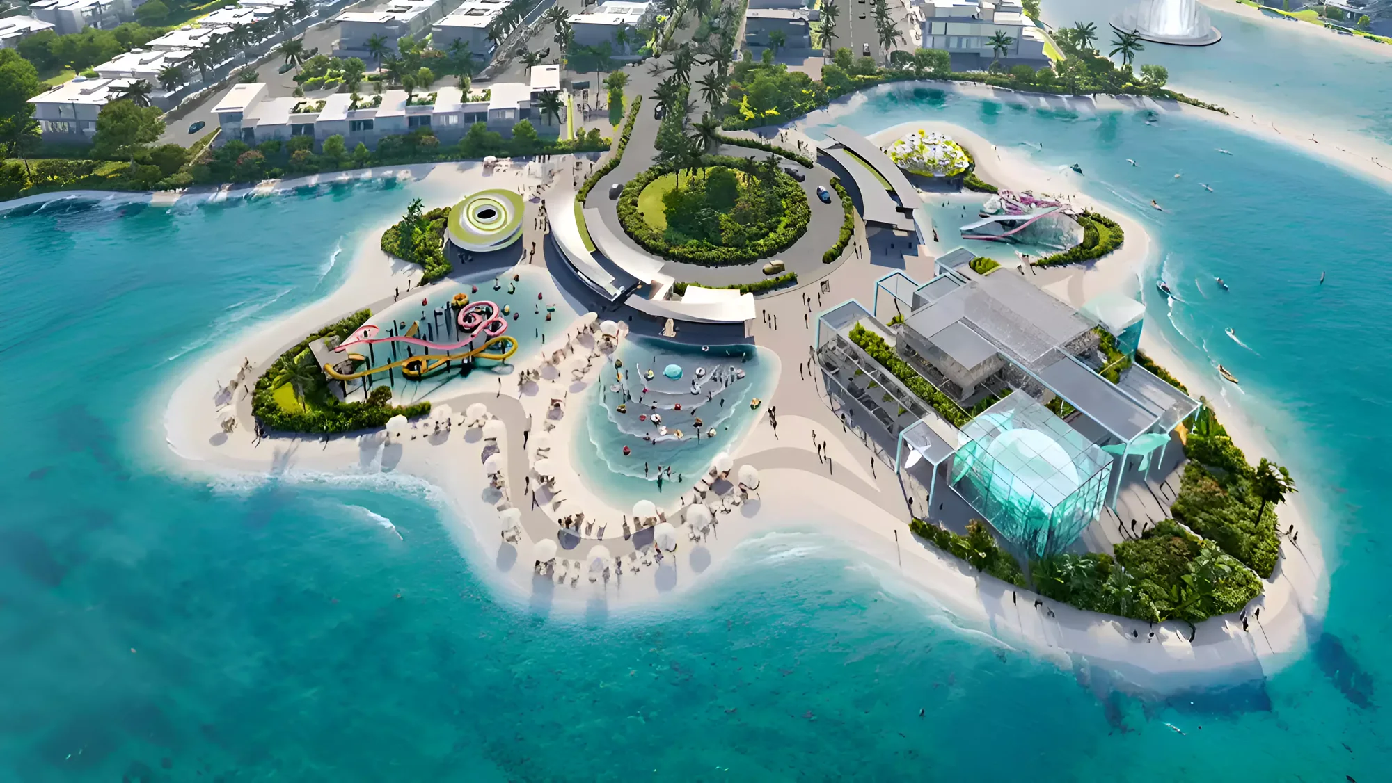 DAMAC Islands parent — Property Finder still of the beach pavilion and lagoon (master amenity, not a titled Bora Bora plot)