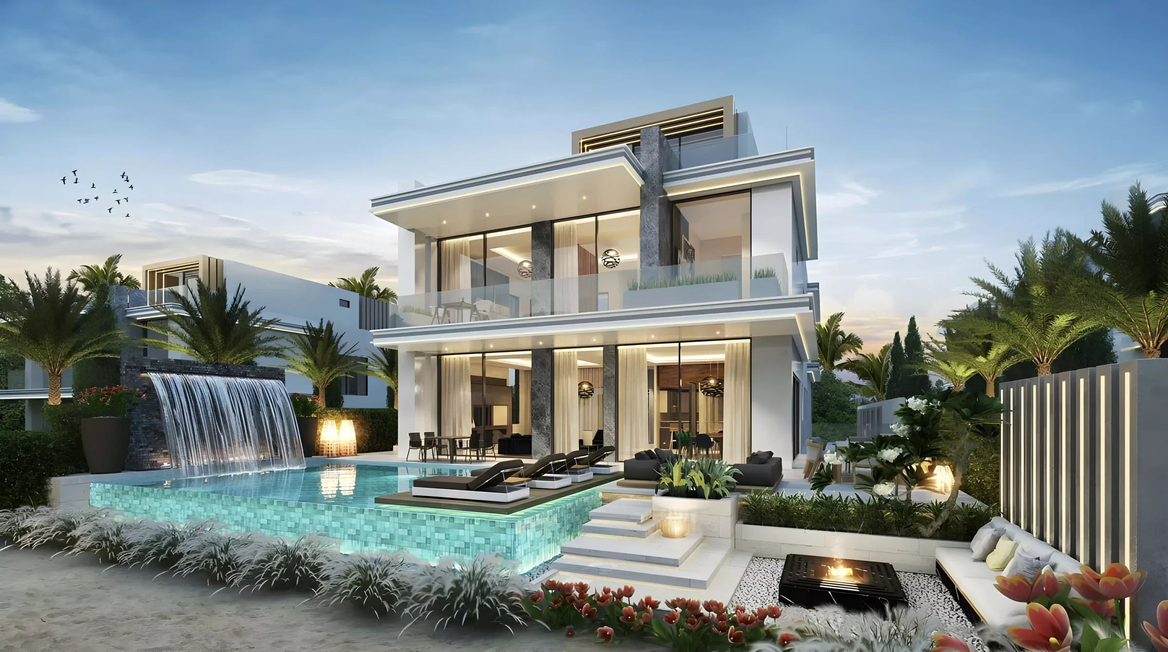 Bora Bora at DAMAC Islands — Property Finder villa garden still with private pool and waterfall