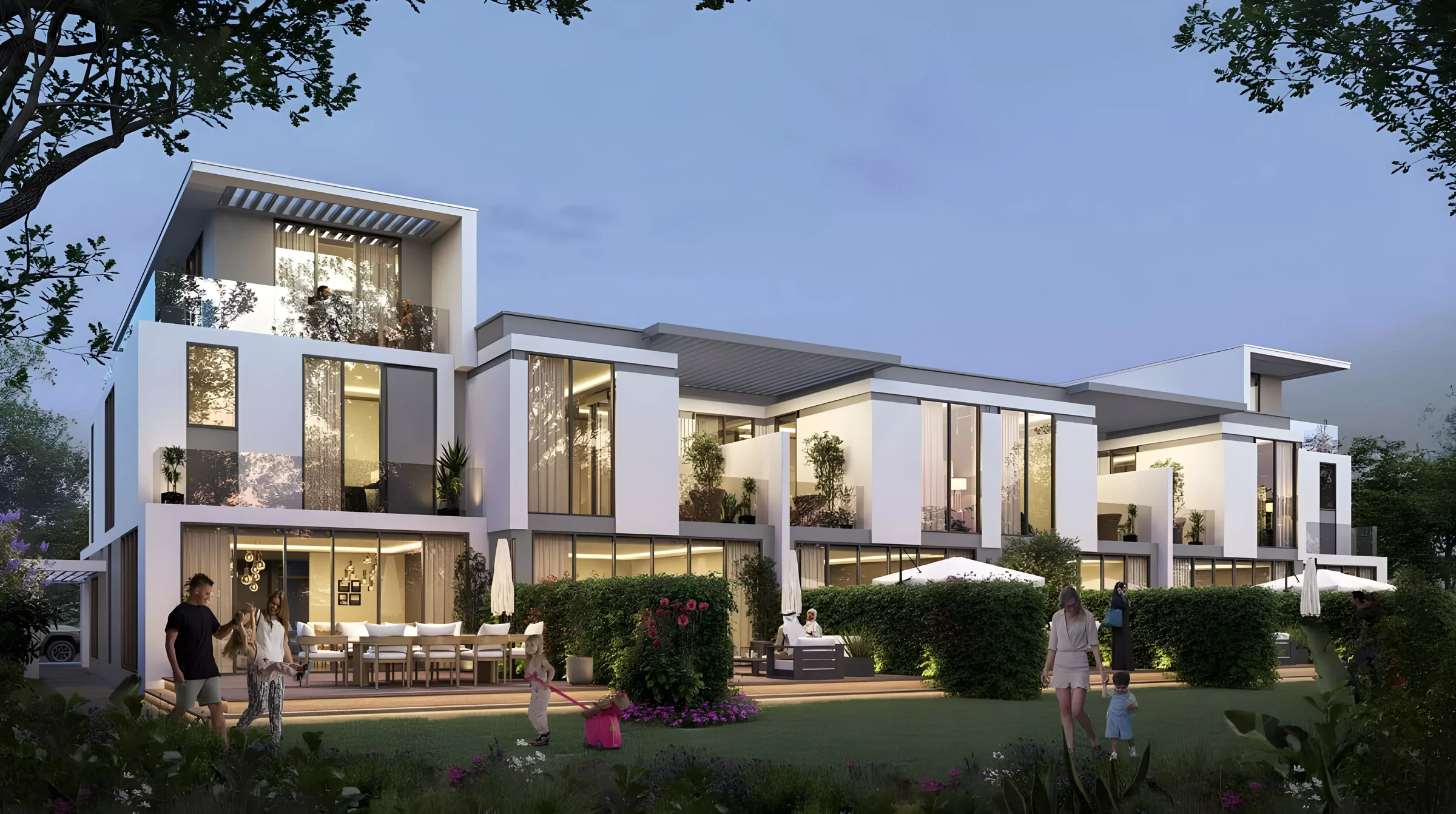 Bora Bora at DAMAC Islands — Property Finder townhouse terrace still with glass balconies and gardens