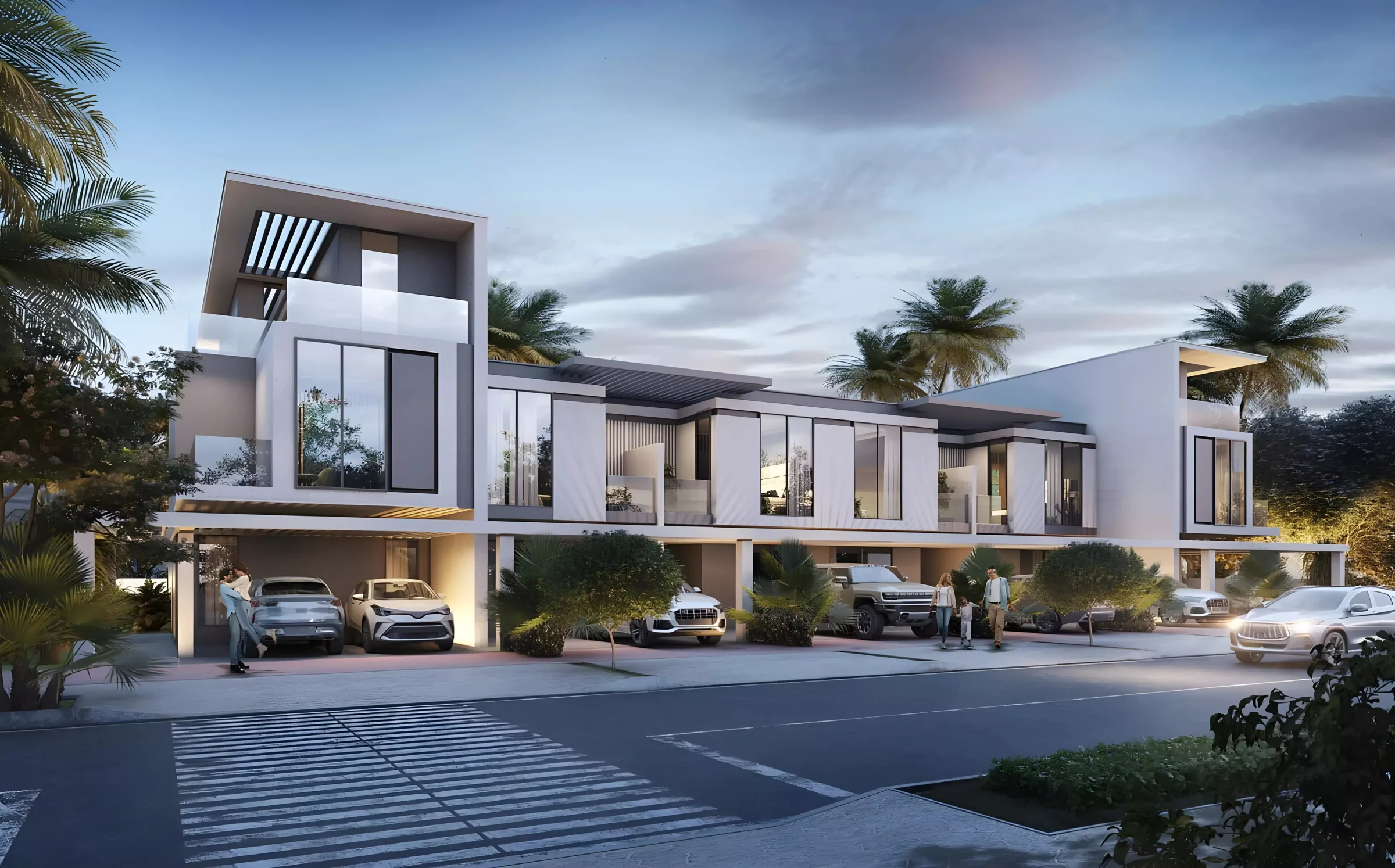 Bora Bora at DAMAC Islands — Property Finder townhouse street still with carports and dusk lighting