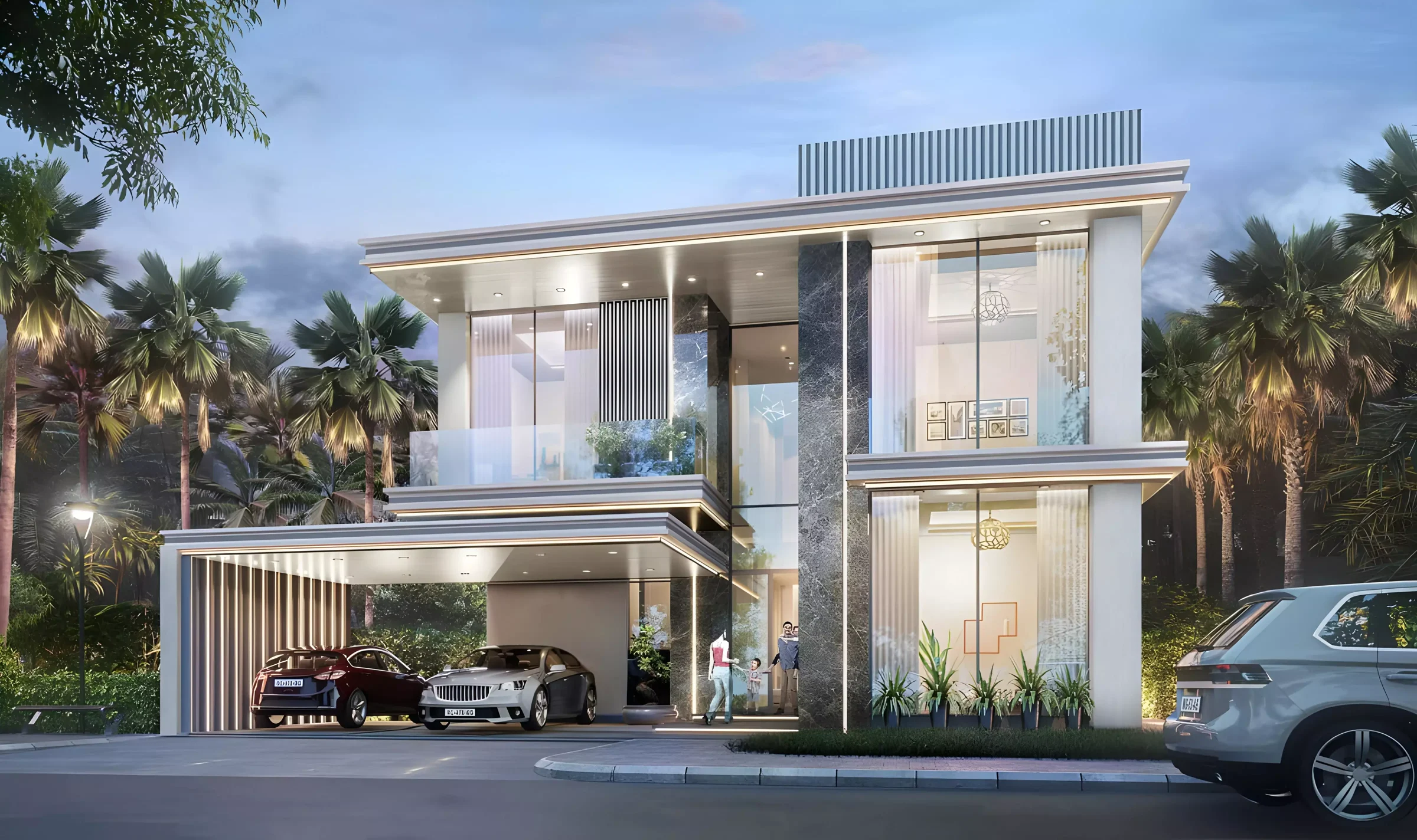 Bora Bora at DAMAC Islands — Property Finder villa street still with stone cladding and covered carport