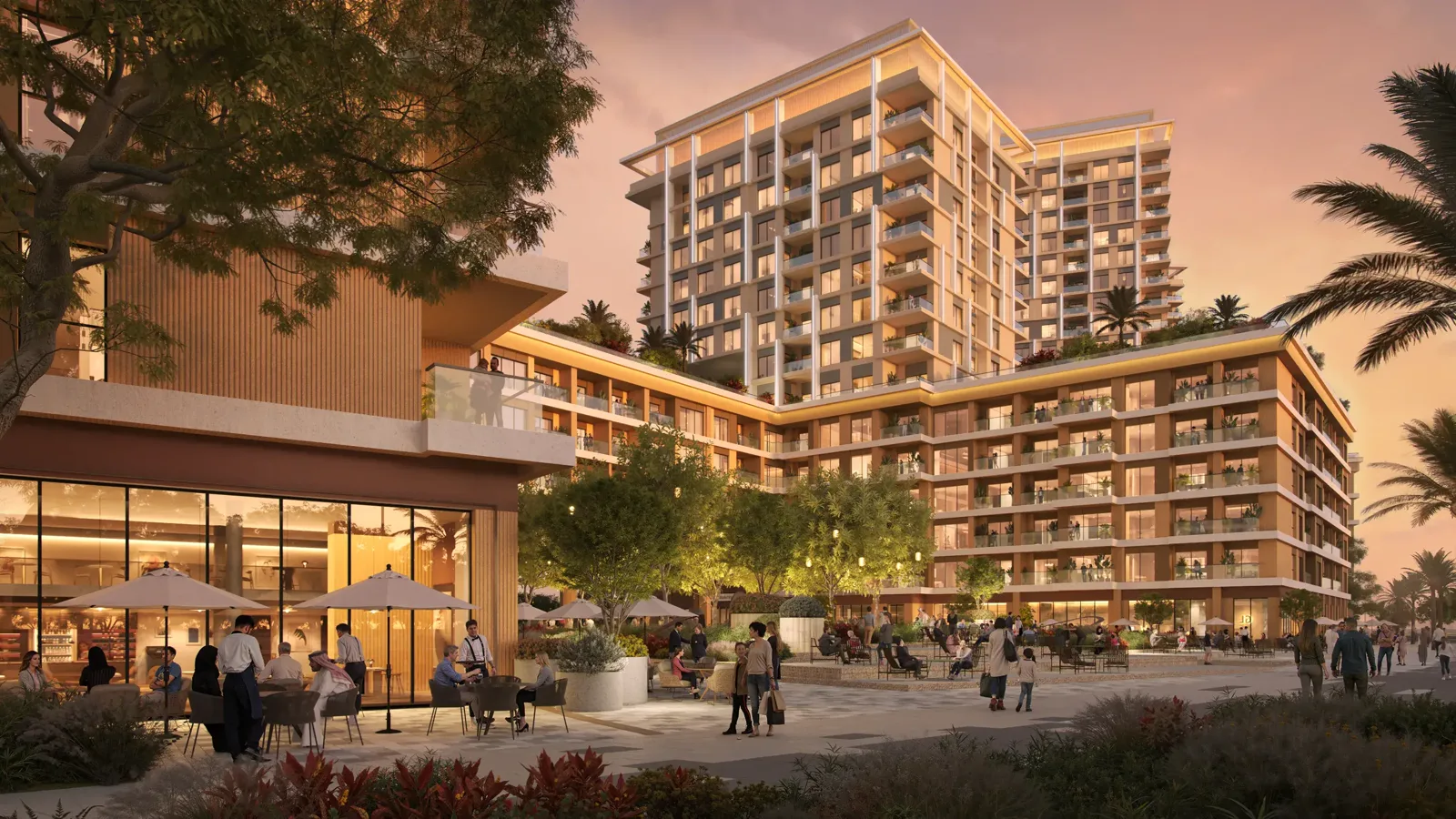 Boulevard Park at Wasl Gate — official dusk plaza and podium retail in front of the towers