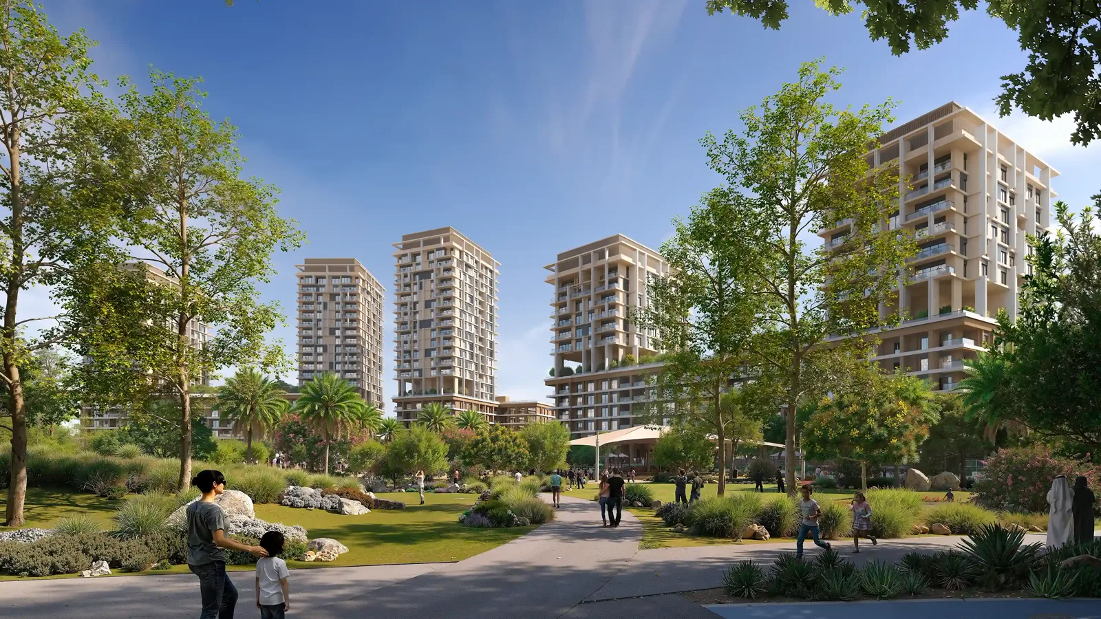 Boulevard Park at Wasl Gate — official park-path view toward the residential towers