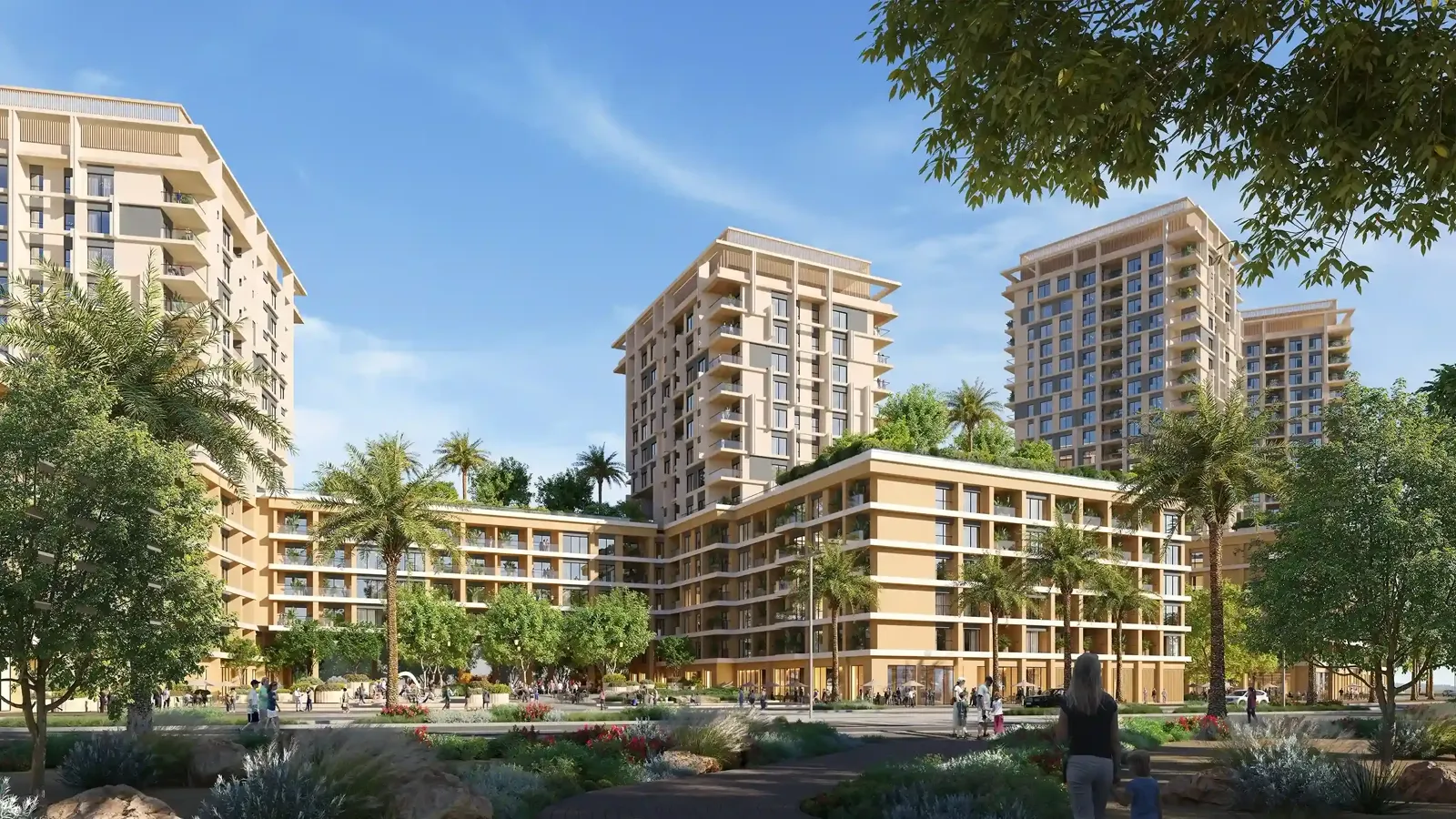 Boulevard Park at Wasl Gate — official daytime street elevation of beige towers and podium