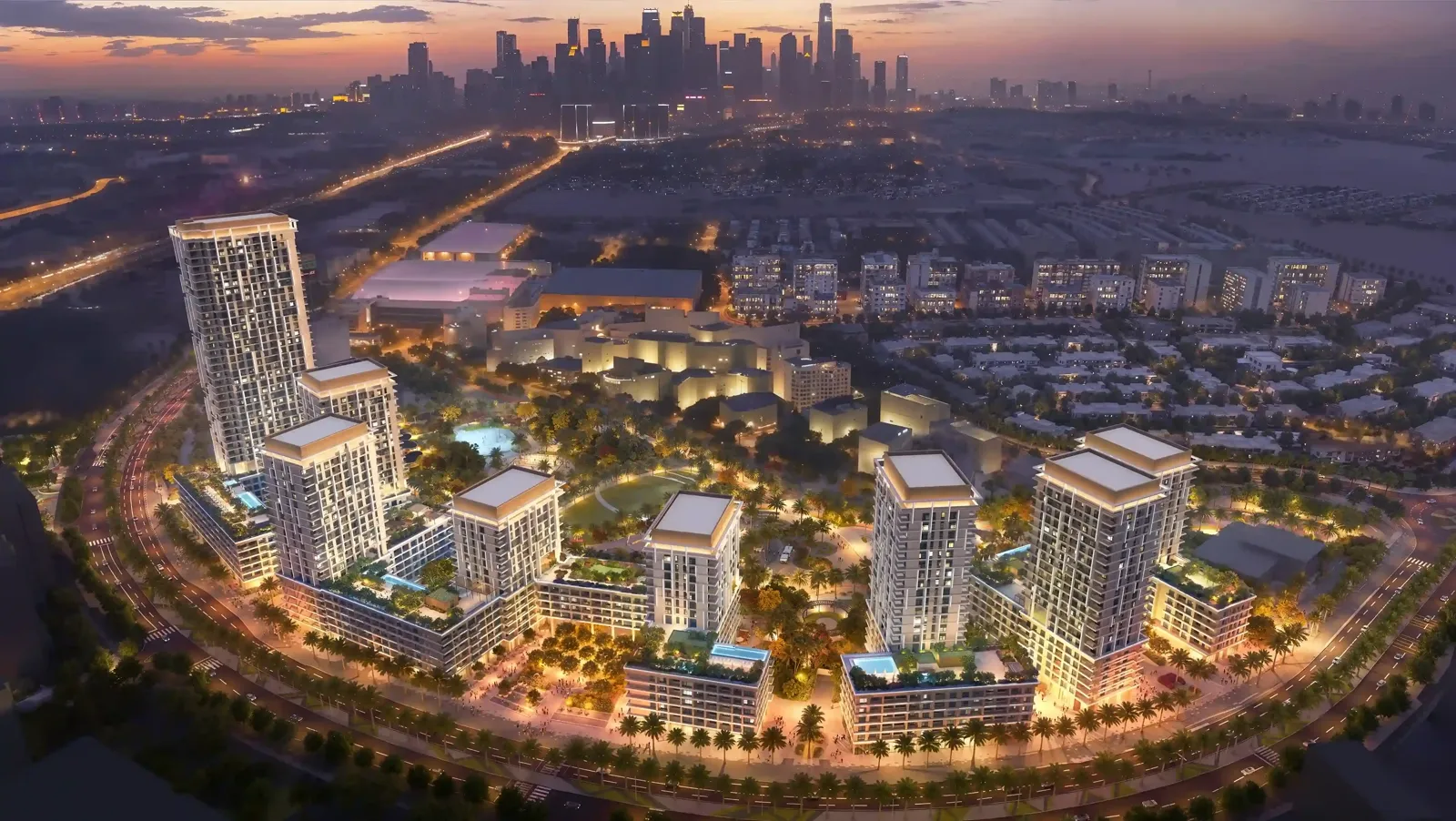 Boulevard Park at Wasl Gate — official night aerial of the park-front tower cluster