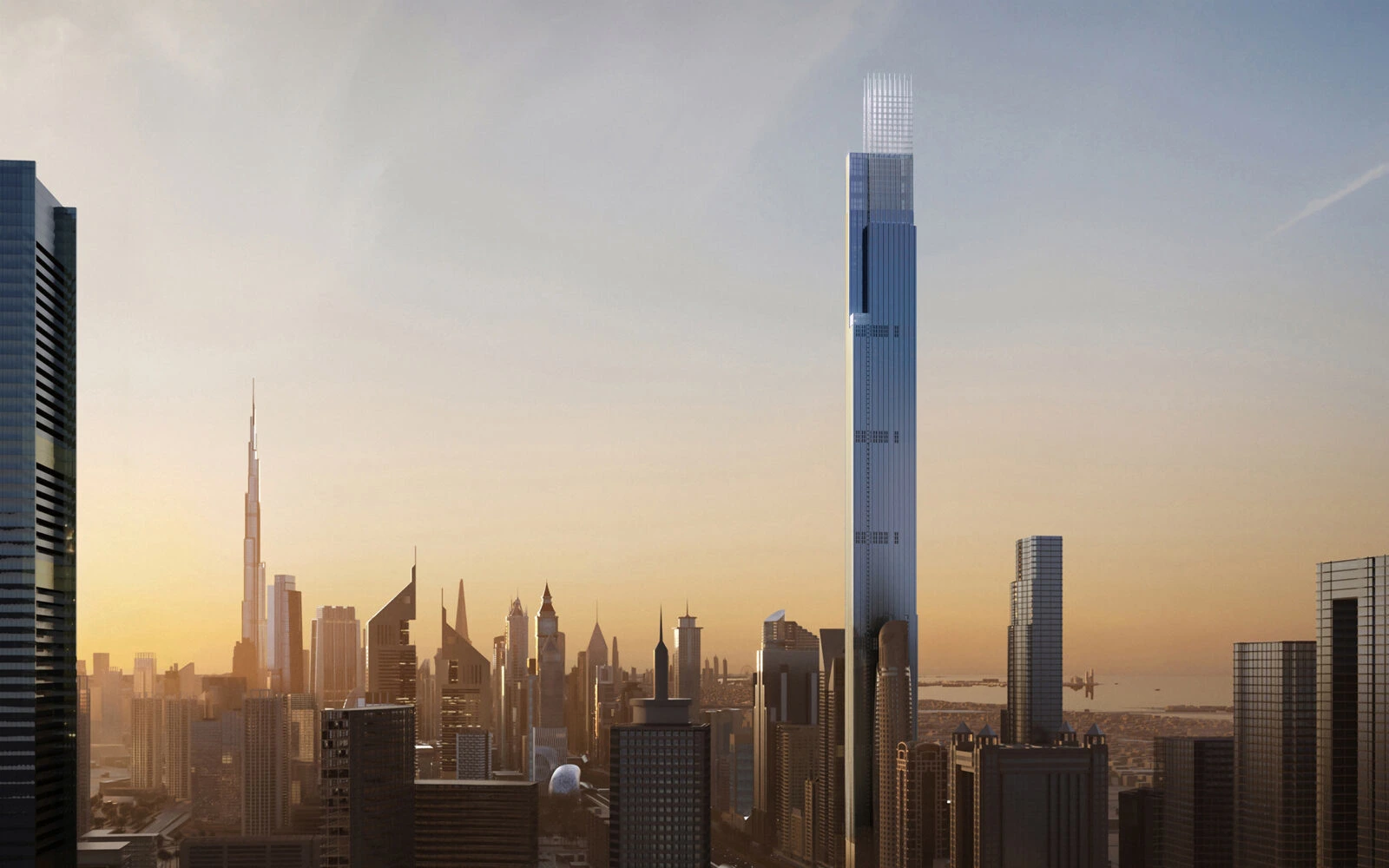 Burj Azizi by AE7 — official dusk still of the rectangular-crown tower with Burj Khalifa on the left