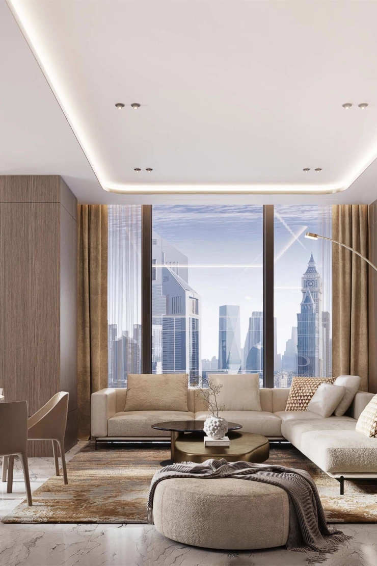 Burj Azizi — marketing living-room still looking toward Trade Centre towers