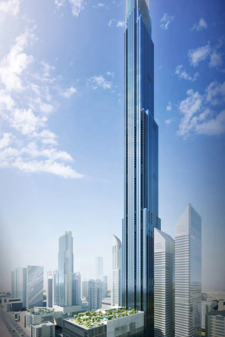 Burj Azizi — low-angle marketing still of the shaft above the podium