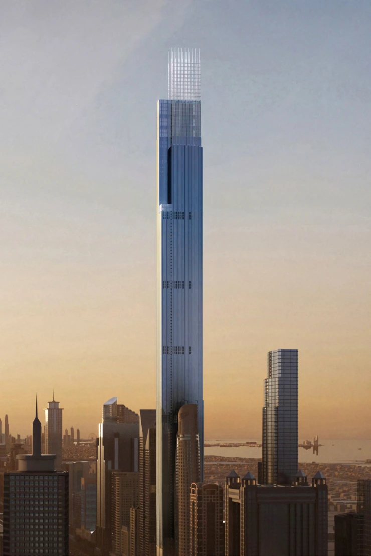 Burj Azizi — close marketing still of the glass shaft and finned crown