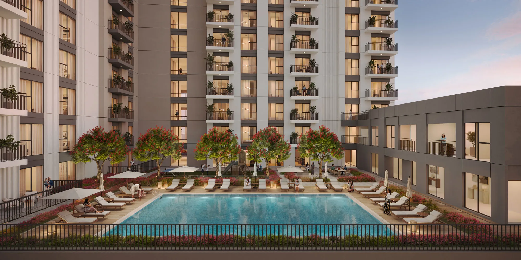 Camden — official courtyard pool render with lounge chairs and the apartment stack above