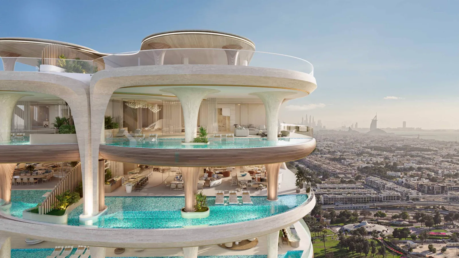 Casa AHS — official double-height living terrace looking toward Burj Al Arab