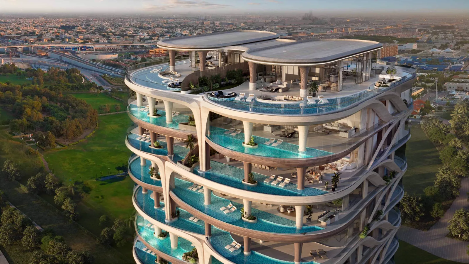 Casa AHS — official upper-terrace still with stacked private pools over Safa Park