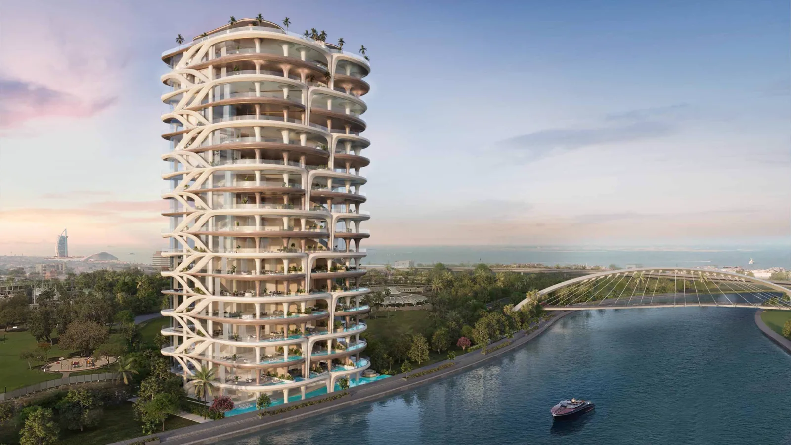 Casa AHS — official canal-bridge render with Burj Al Arab on the horizon