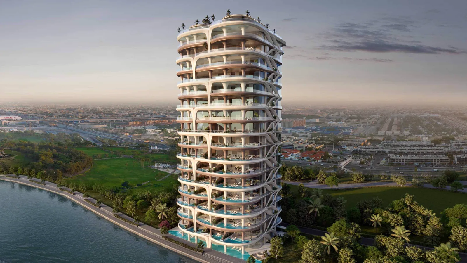 Casa AHS — official park-side render of the same stacked-terrace tower