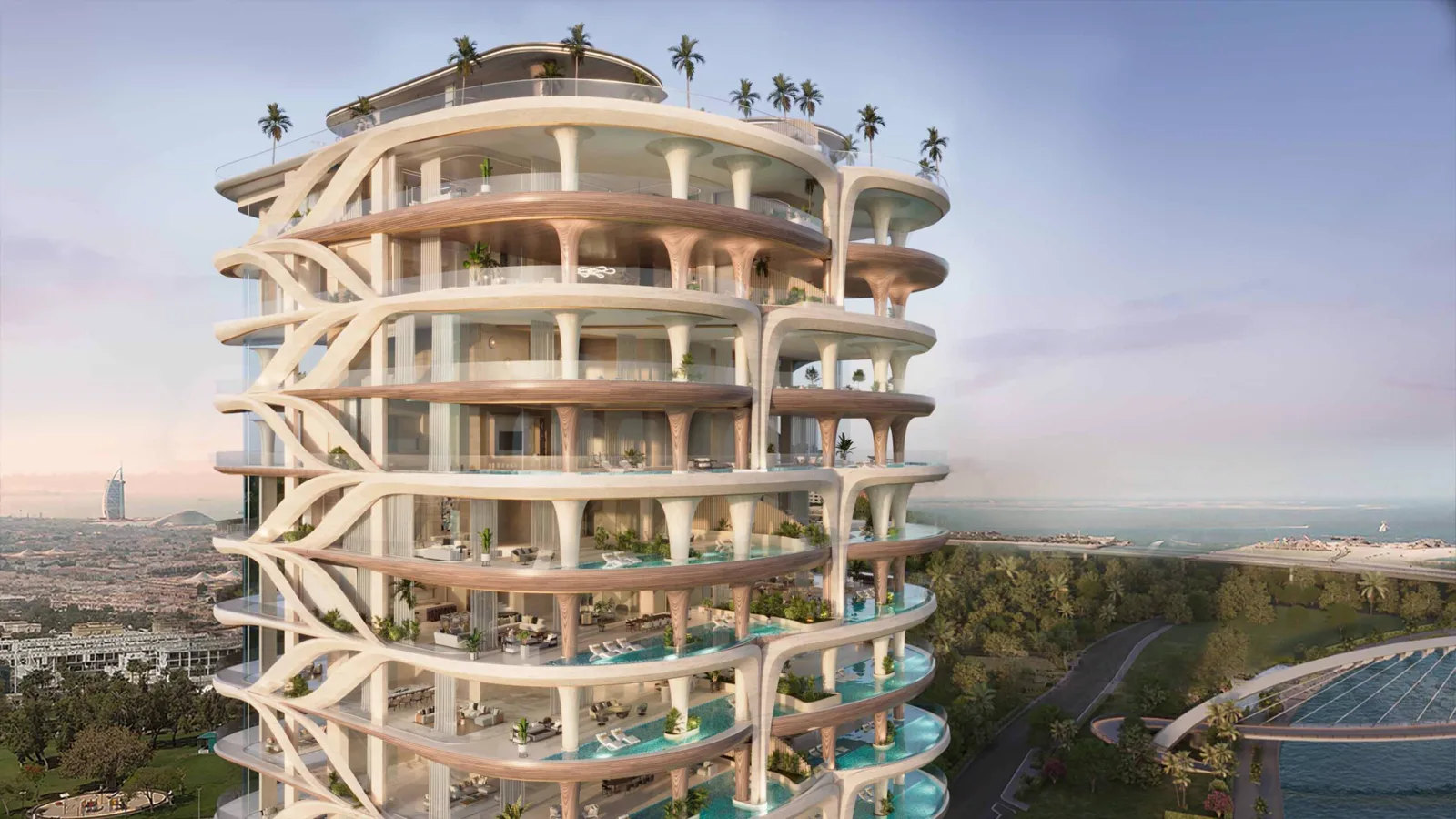 Casa AHS — official close facade of the organic concrete ribs and terrace pools