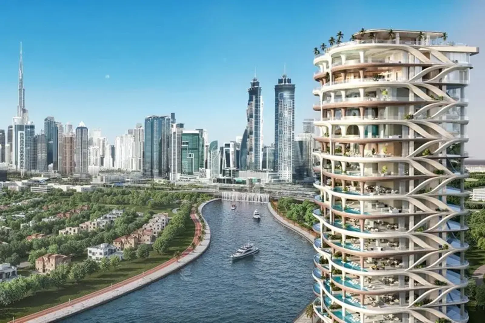 Casa AHS — official launch aerial looking down the Dubai Water Canal toward Downtown