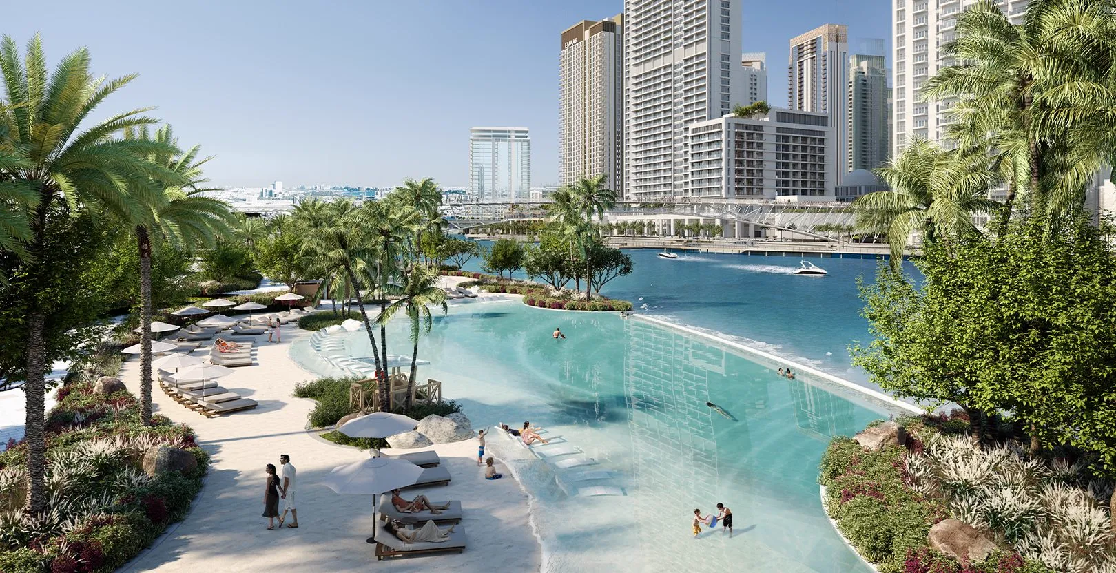 Cedar at Dubai Creek Harbour — Creek Beach pool and promenade lifestyle marketing still
