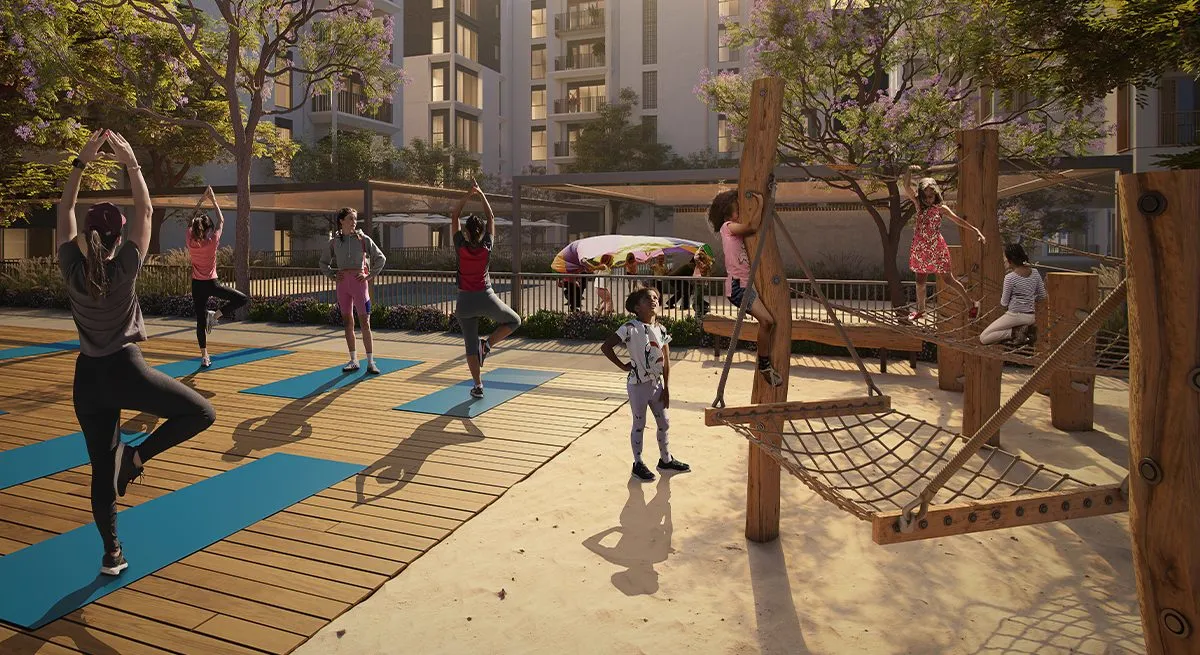 Cedar at Dubai Creek Harbour — community plaza marketing still